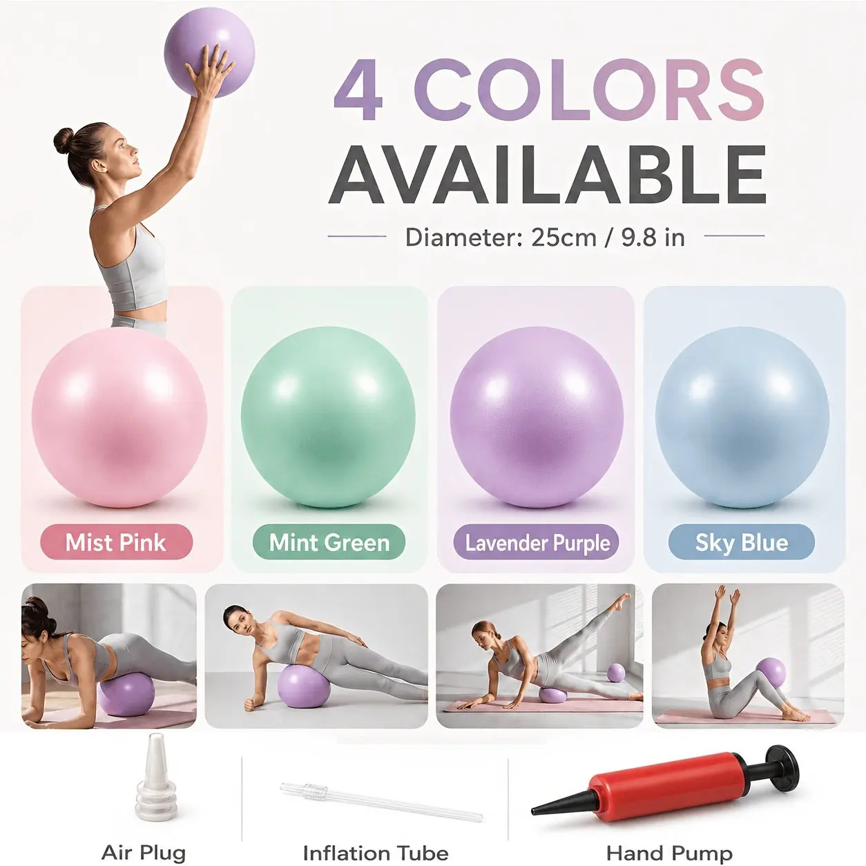 25cm Yoga Ball, Stability Ball for Yoga, Pilates, Balance Training, Core Exercises, Indoor Fitness Equipment, Includes Hand Pump, Valve, Inflation Tube