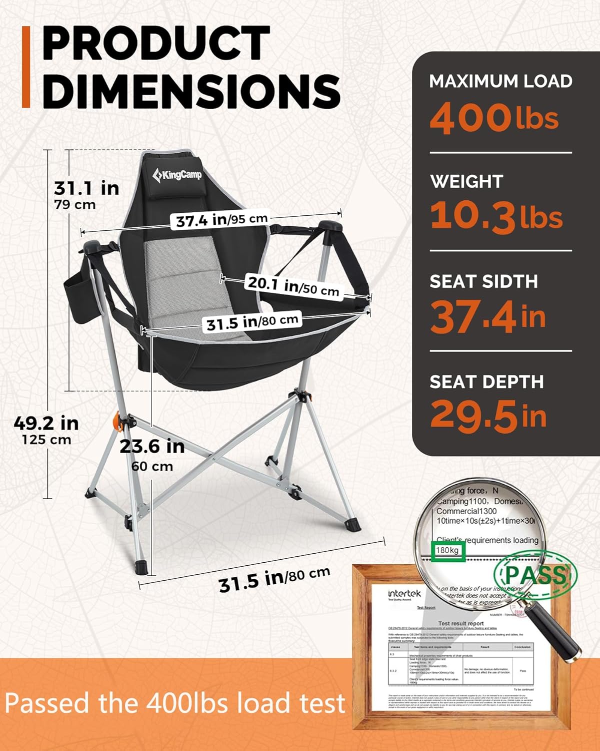 KingCamp Hammock Camping Chair, Swinging Portable Folding Camp Chairs for Adults Max 400lbs Heavy Duty Foldable Oversized Rocker with Aluminum Alloy Frame Cup Holder for Outdoor Beach Patio Sport