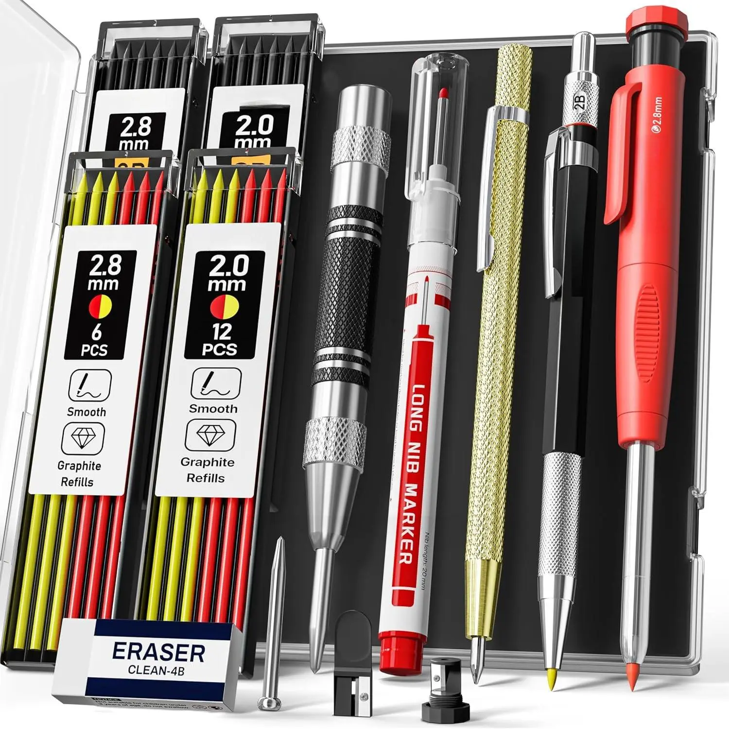 14 Pack Carpenter Pencil Set with Sharpener | Construction Pencil Set with Deep Hole Long-Nib Markers , Woodworking Tool & Carpenter Pencils for Architect, DIY with Case