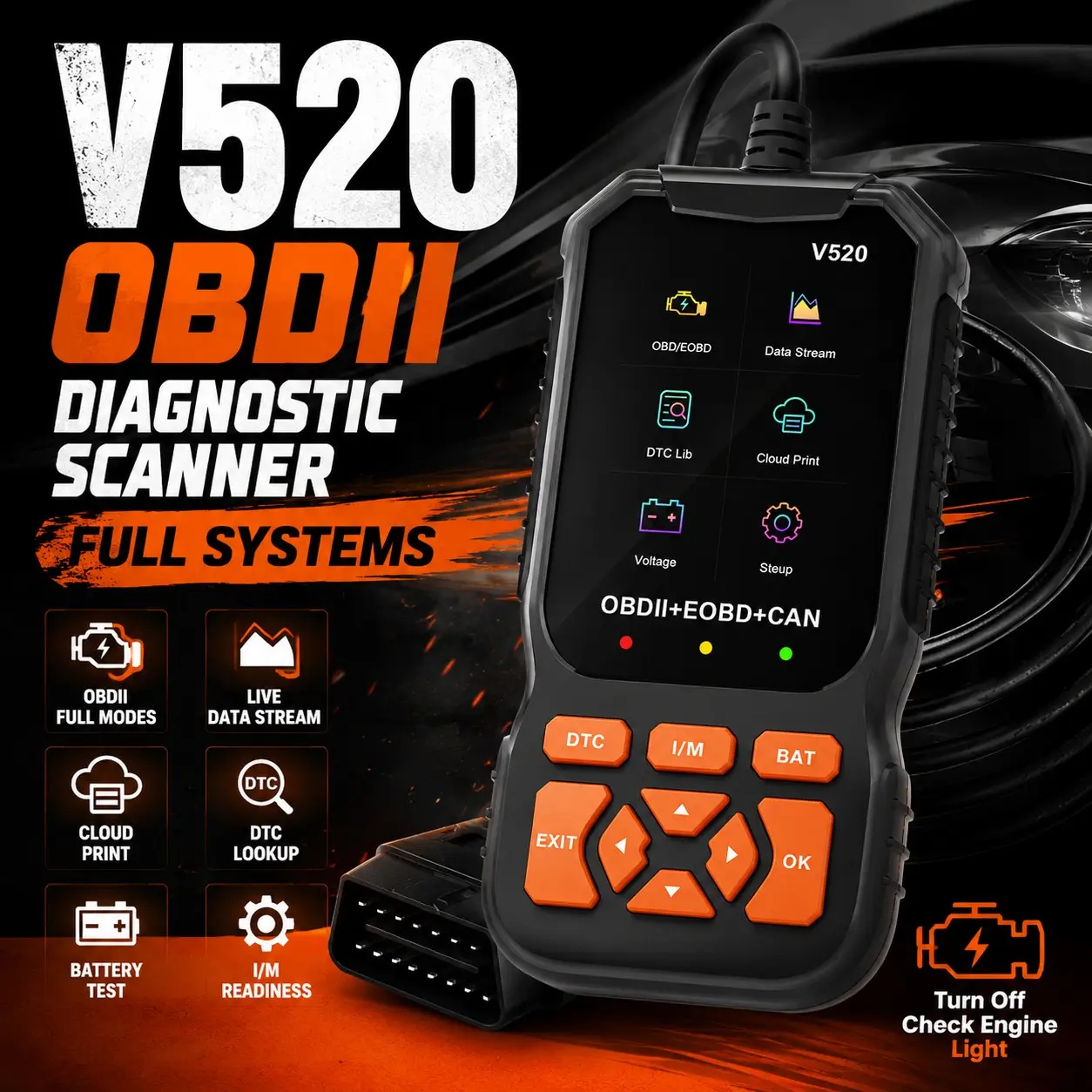 V520 Professional Obd2 Scanner, Engine Code Reader & Eraser, Live Data Stream Diagnostic Tool, Check Engine Light Reader, Automotive Diagnostic Scanner for Obdii Vehicles