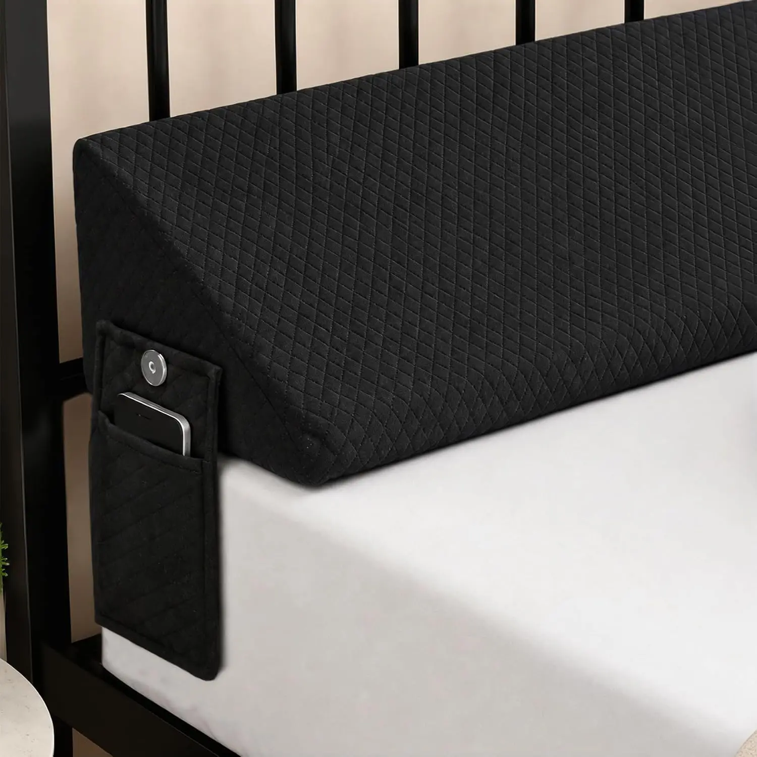 Full Bed Wedge Pillow for Headboarattress Gap Filler Wedge Black |   Long Corner Pillows for Sleeping 10x6x54in Dense Foam Pockets, Prevents Toy Drops, Bed Accessories