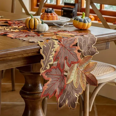 1-Pack Flocked Polyester Autumn Maple Leaf Embroidered Table Runner, Brown Rustic Farmhouse Style, Thanksgiving Harvest Dining Room Kitchen Accessories Decor