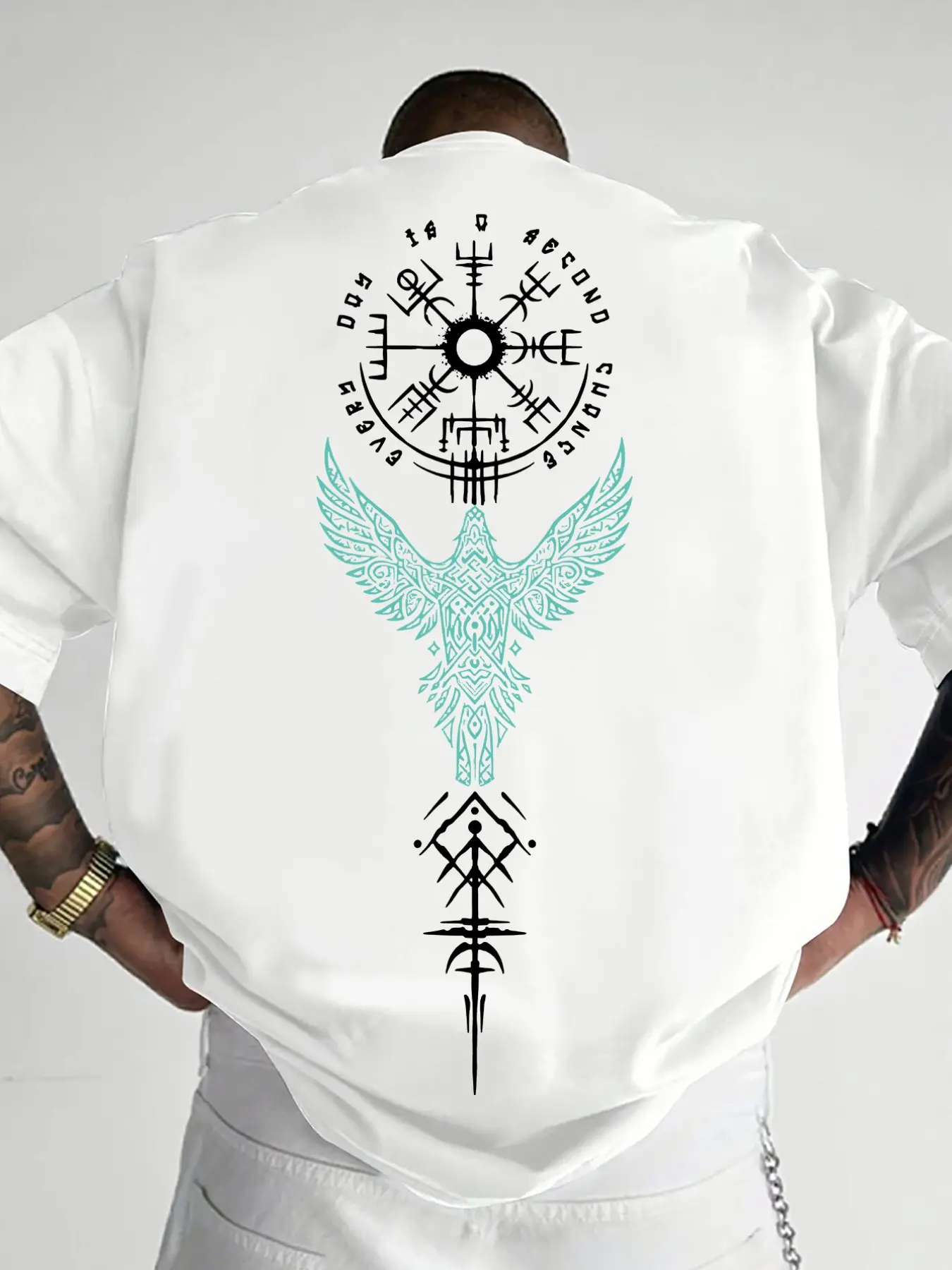Men's Oversized Crew Neck Short Sleeve Tee, Casual Summer Clothing, Y2K Nordic Viking Raven Rune Compass Back Print Casual Top, Gothic Mythology Streetwear T-Shirt, Graphic Shirt Tee