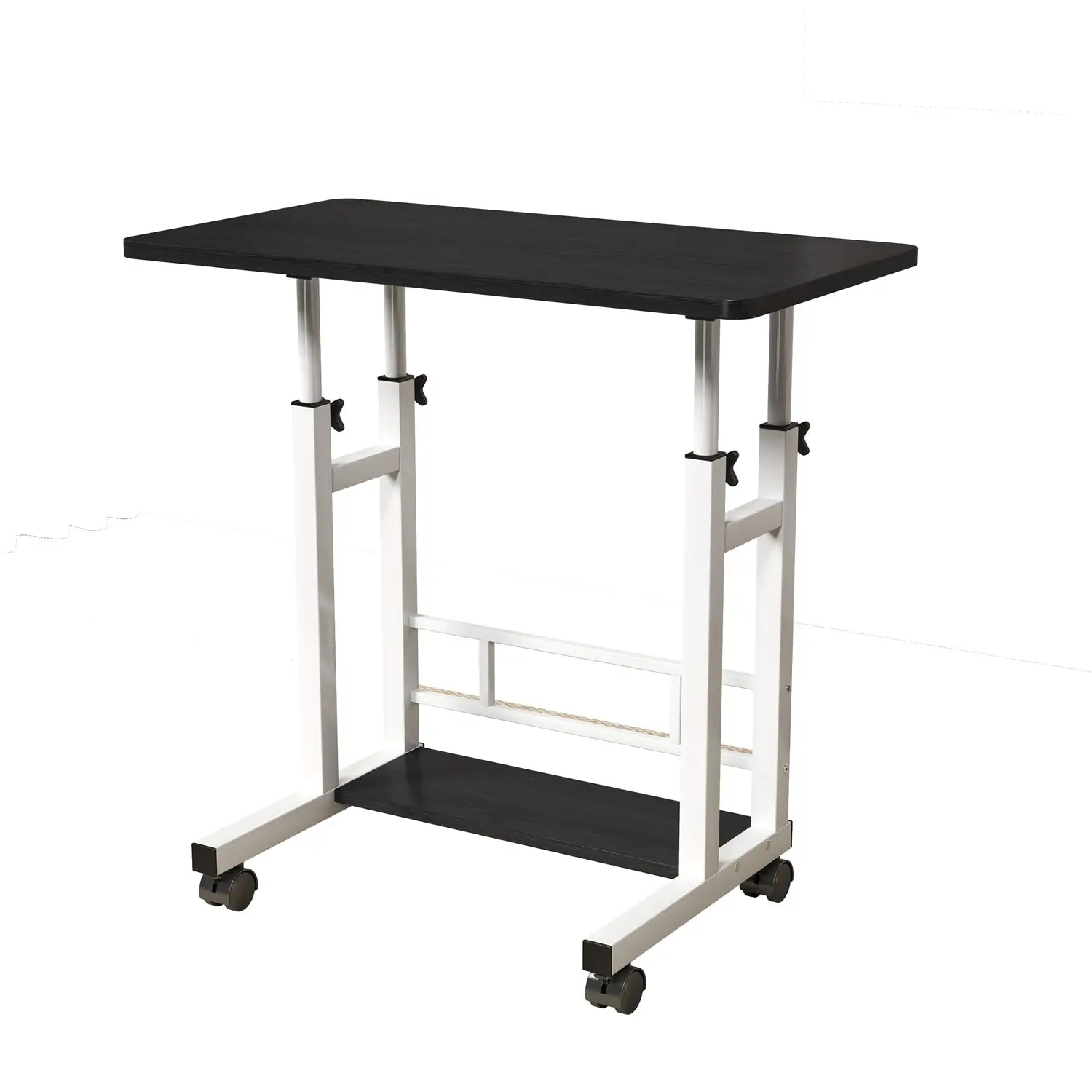 Height Adjustable Mobile Computer Desk - Ergonomic Rolling Office Workstation with Lockable Wheels, Storage Basket, Compact Standing Table for Home Office, Bedroom