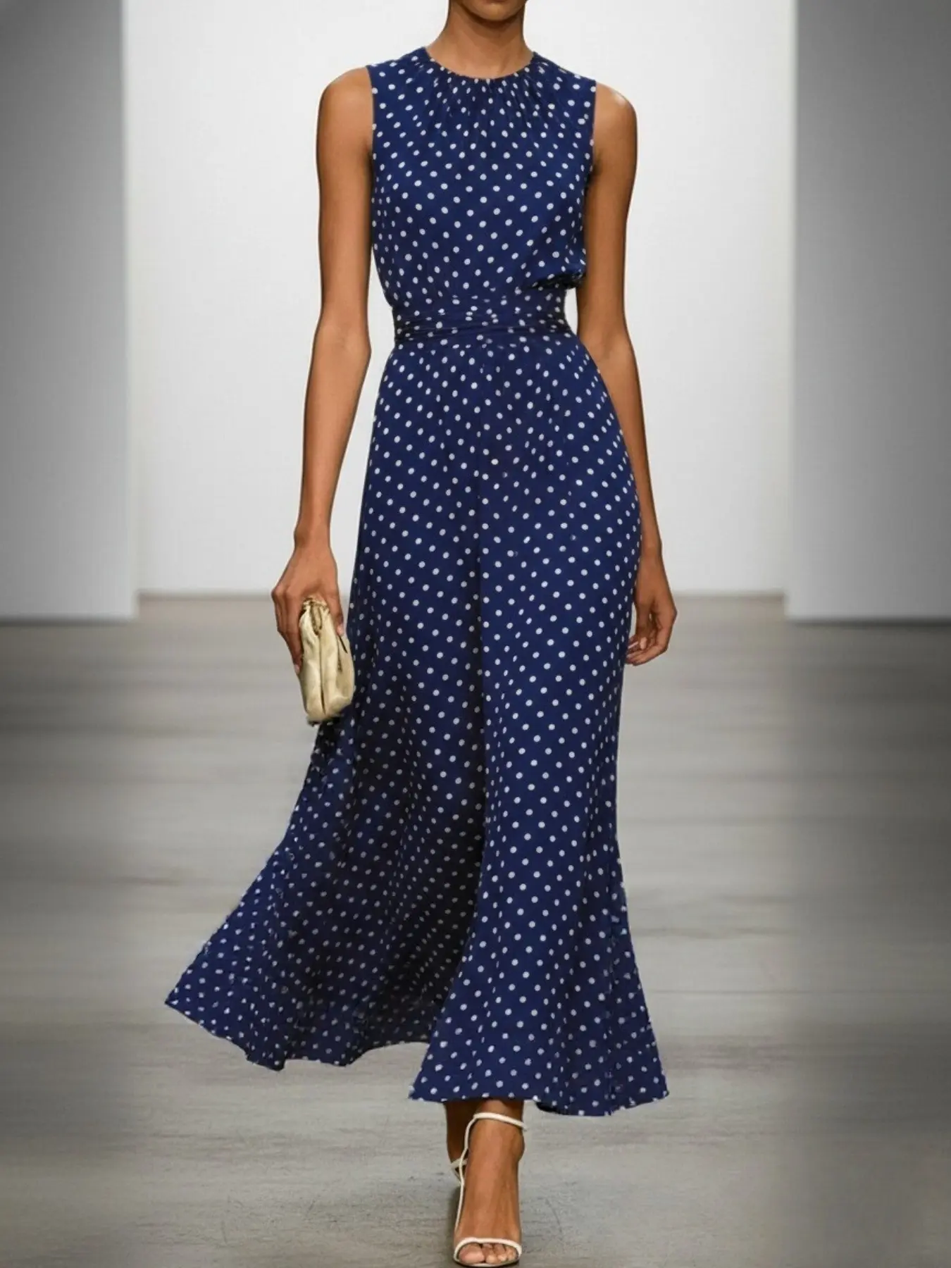 French Vintage Polka Dot Sleeveless Dress, Elegant Pleated Waist Slimming Midi Dress, Office Date Vacation Dress, 1 Piece