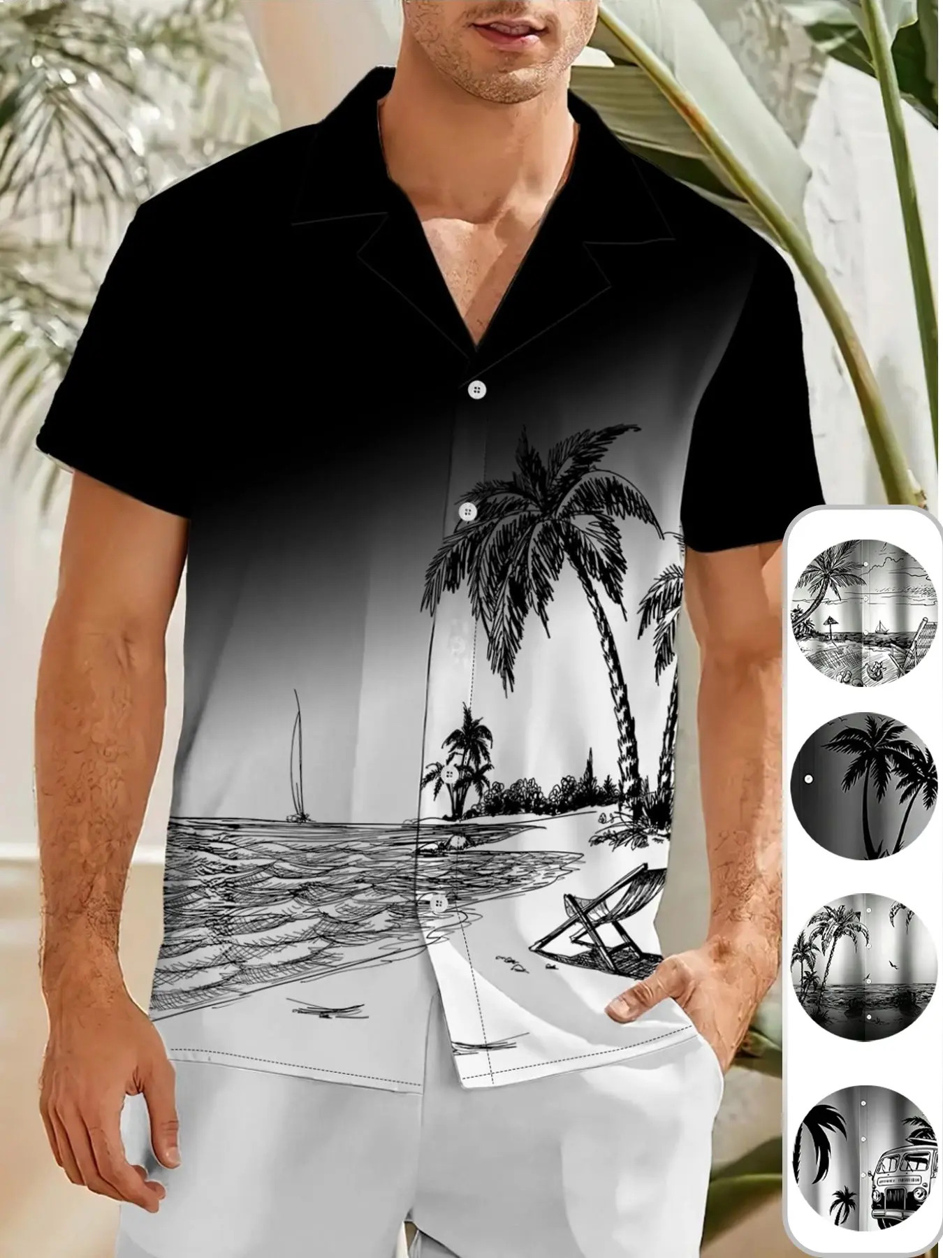 Men's Beachwear Coconut Tree Sailboat Tropical Graphic Beach Shirts, Gradient Cuban Collar Short Sleeve, Loose Fit Summer Vacation Style，Unisex (Recommended ordering one size up),Fast shipping