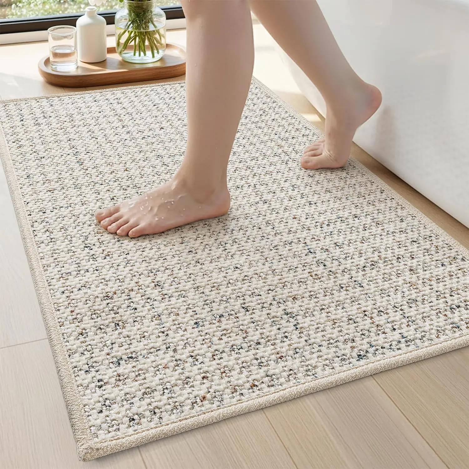DEXI Bathroom Rug Non Slip Washable, 24x16 Ultra Thin Bath Mat, Absorbent Quick Dry with Rubber Backing, Low Pile Bath Rugs for Shower Floor, Sink, Ivory