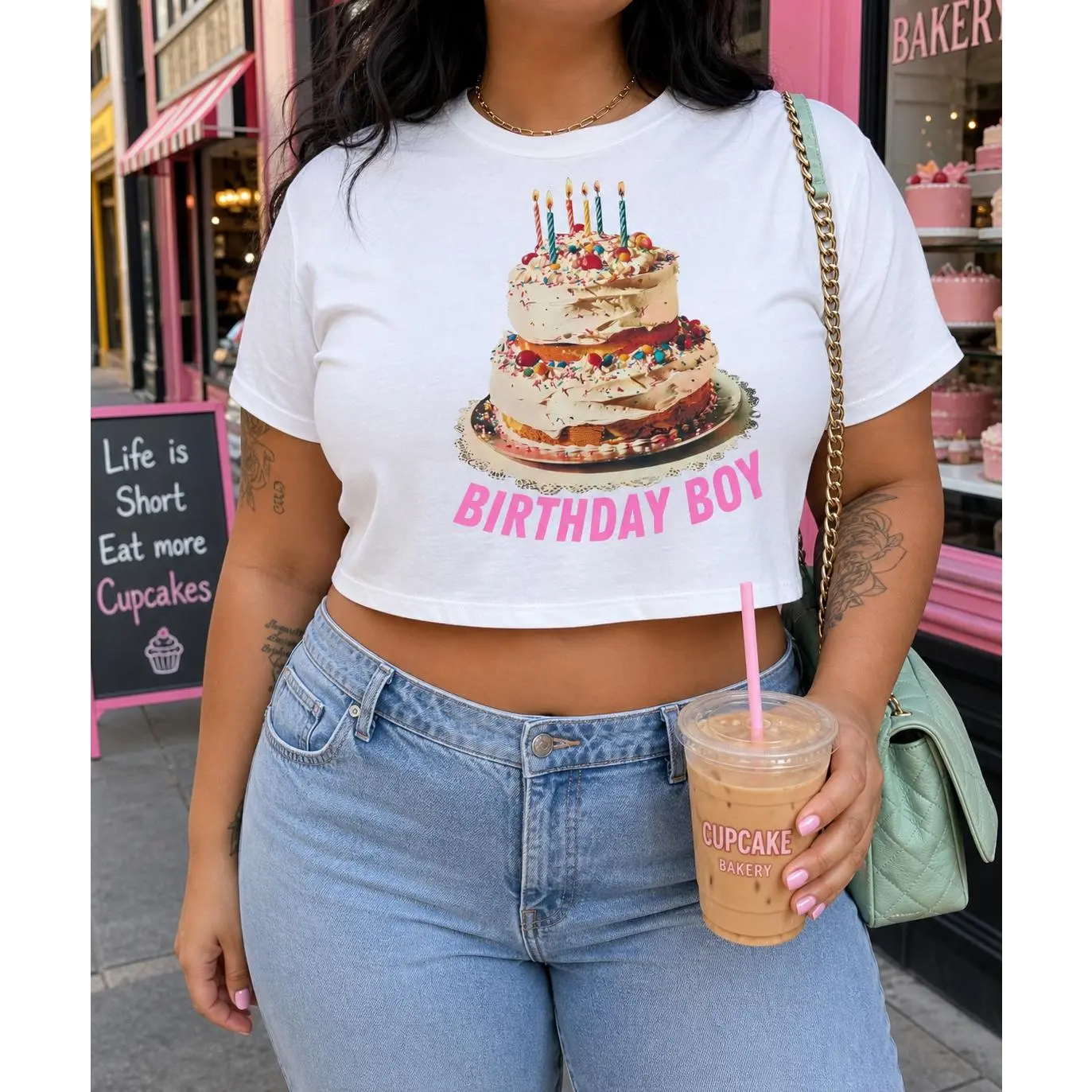 Women's Plus Size Pure Cotton Short-Sleeve Round Neck Crop Tee, White Birthday Cake Candles Graphic Print, Tailored Fit Streetwear Tops for Women, Comfortable for Birthday Party & Daily Wear