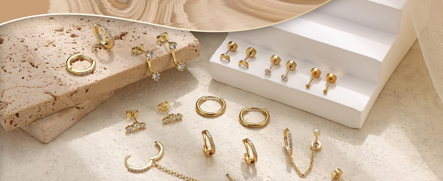 Florideco Small Gold Earrings for Women Hypoallergenic 20G Surgical Stainless Steel Flat Back Stud Earrings Dainty Stackable Earring Stacks Hoop Cartilage Earring Sets for Multiple Piercing