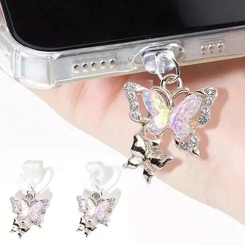 Women's Luxury 3Pcs 3D Butterfly Diamond Phone Dust Plugs - Sparkling Rhinestone Pendant Decorations for iPhone, Samsung, Smartphone, Cellphone, Mobile Type-C Charging Ports - Indoor Recreation Charm Accessories Gift