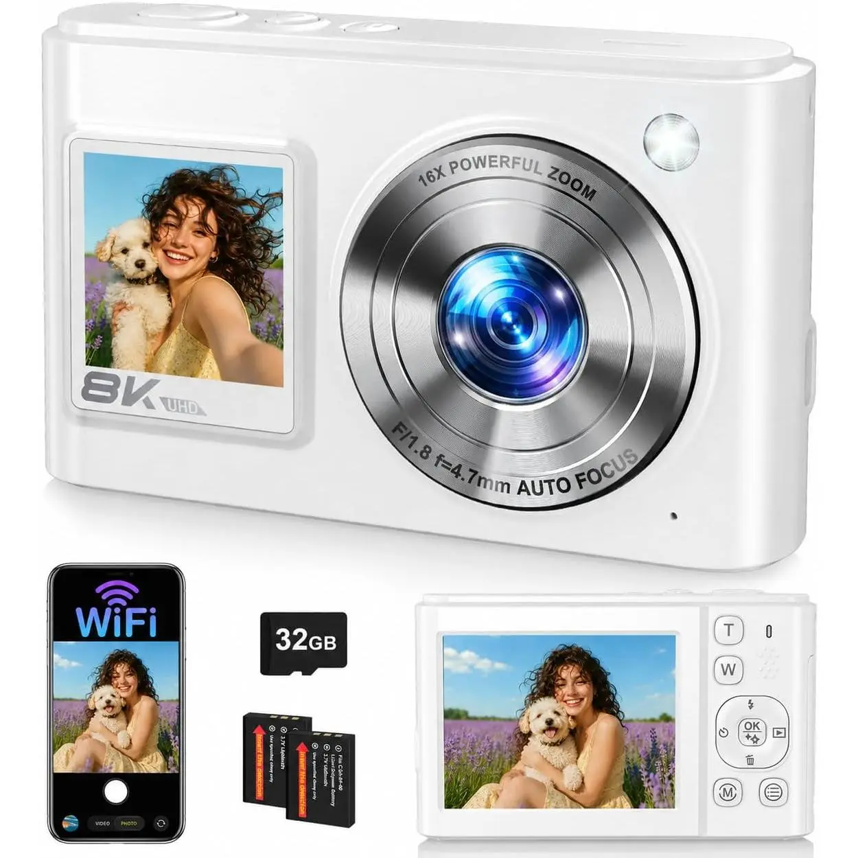 8K Digital Camera, 96MP WiFi Camera for Photography with  Screen(White) | Autofocus, Anti-Shake, 16X Zoom, Vlogging Point Shoot Camera for Teens, Beginners, Travel, 2 , 32GB Card