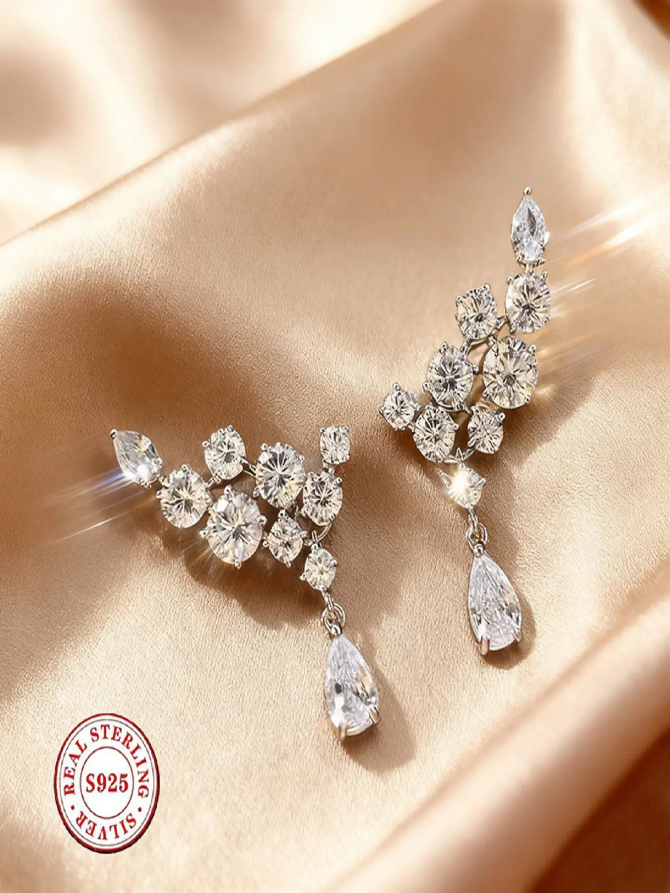 S925 Sterling Silver Bridal Earrings, Cubic Zirconia Leaf Cluster Teardrop Dangle Earrings, Hypoallergenic Chandelier Earrings for Wedding Prom Bridesmaid, Hypoallergenic CZ Earrings