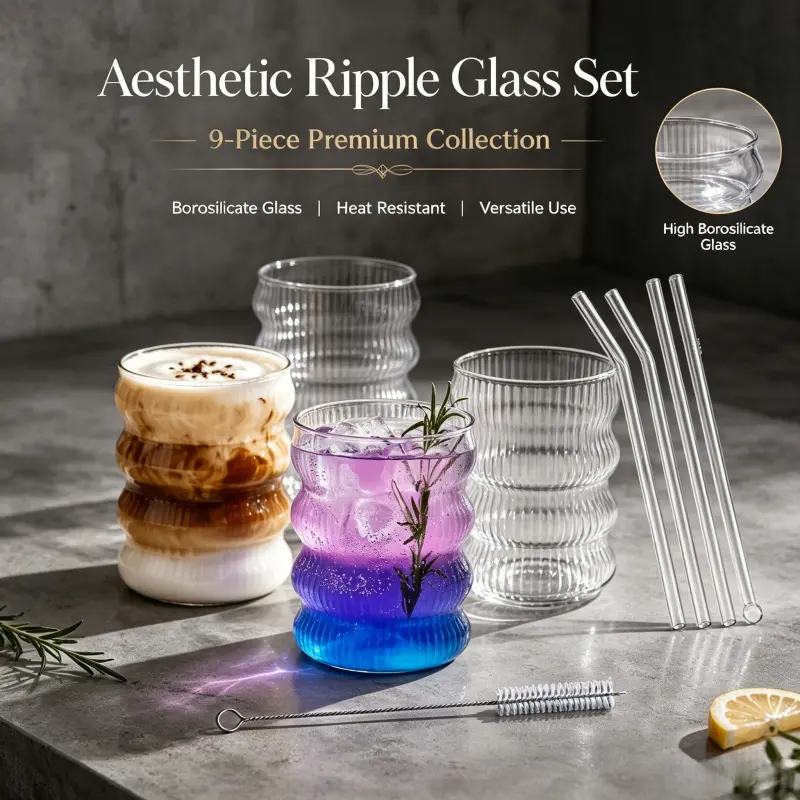 9 Piece Premium Clear Wavy Ripple Glass Tumbler Set Heat Safe Borosilicate Glasses Matching Glass Straw And Cleaning Brush, Drinkware