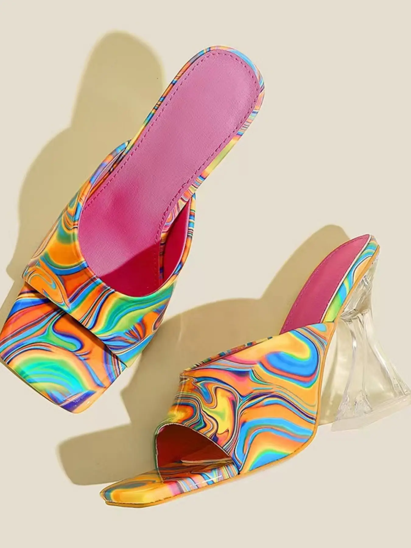 European Y2K Rainbow Gradient High Heel Shoes, PU Material, Rubber Sole, Summer Party Evening Wear, Sexy Nightclub Footwear, Fashionable Party Shoes