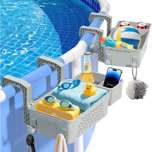 2026 Upgrade 2-Pack Poolside Storage Basket with Cup Holder - Above Ground Pool Hanging Organizer - 3-in-1 Storage for Cups, Towels & More - Fits 3 Inch or Less Top Rail, Grey