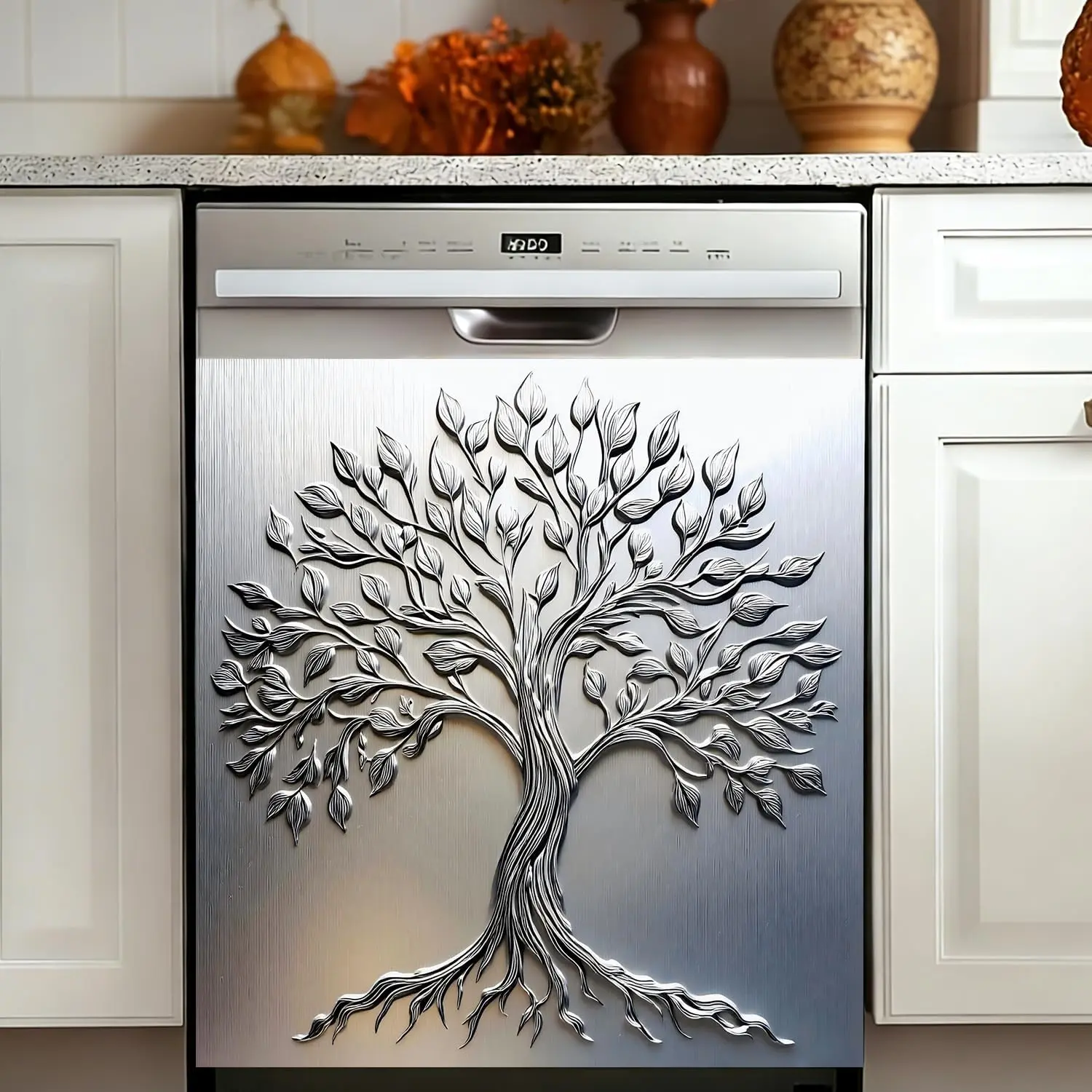 Dishwasher Cover 23x26 Inch, PVC Door Panel with Flexible  Backing, Trim to Fit   for  Fridge, No Adhesive,  Tree of Life Brushed Metal Kitchen Decor