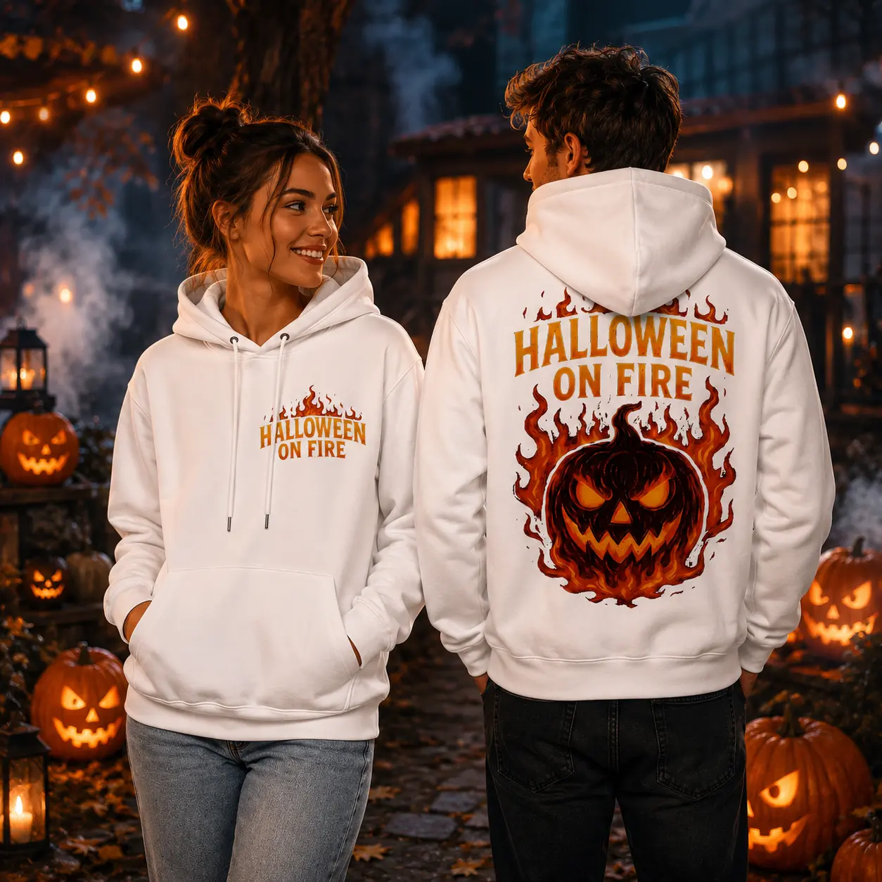 Pumpkin Zombie Halloween Hoodie, White Pullover with Colorful Monster Back Print, Neon Graffiti Graphic Sweatshirt for Parties and Streetwear Outfits