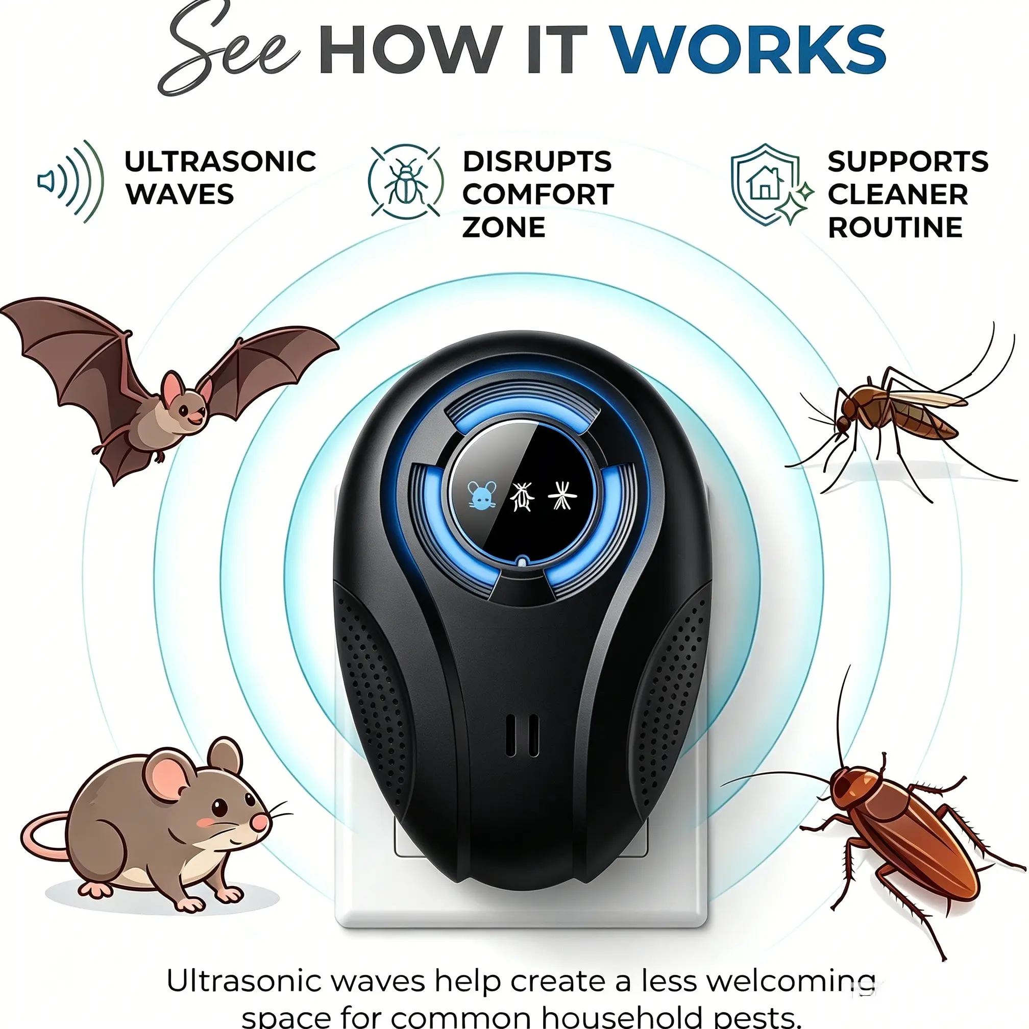Ultrasonic Electronic Rat Repellent, Effective Pest Control for Mosquitoes, Cockroaches, Rats, Ants, Spiders, Ideal for Homes, Kitchens, Offices