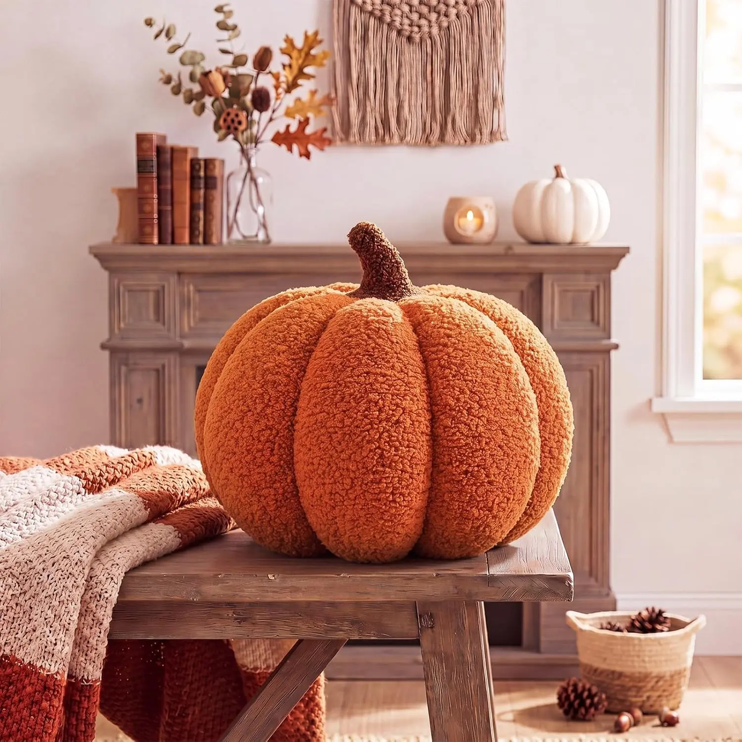 7 Inch Halloween Stuffed Pumpkin Pillow Fluffy Plush 3D Pumpkin Shaped Decoration Fall Thanksgiving Cushion Pillow Soft Cute Throw for Sofa Couch Supplies (Orange)