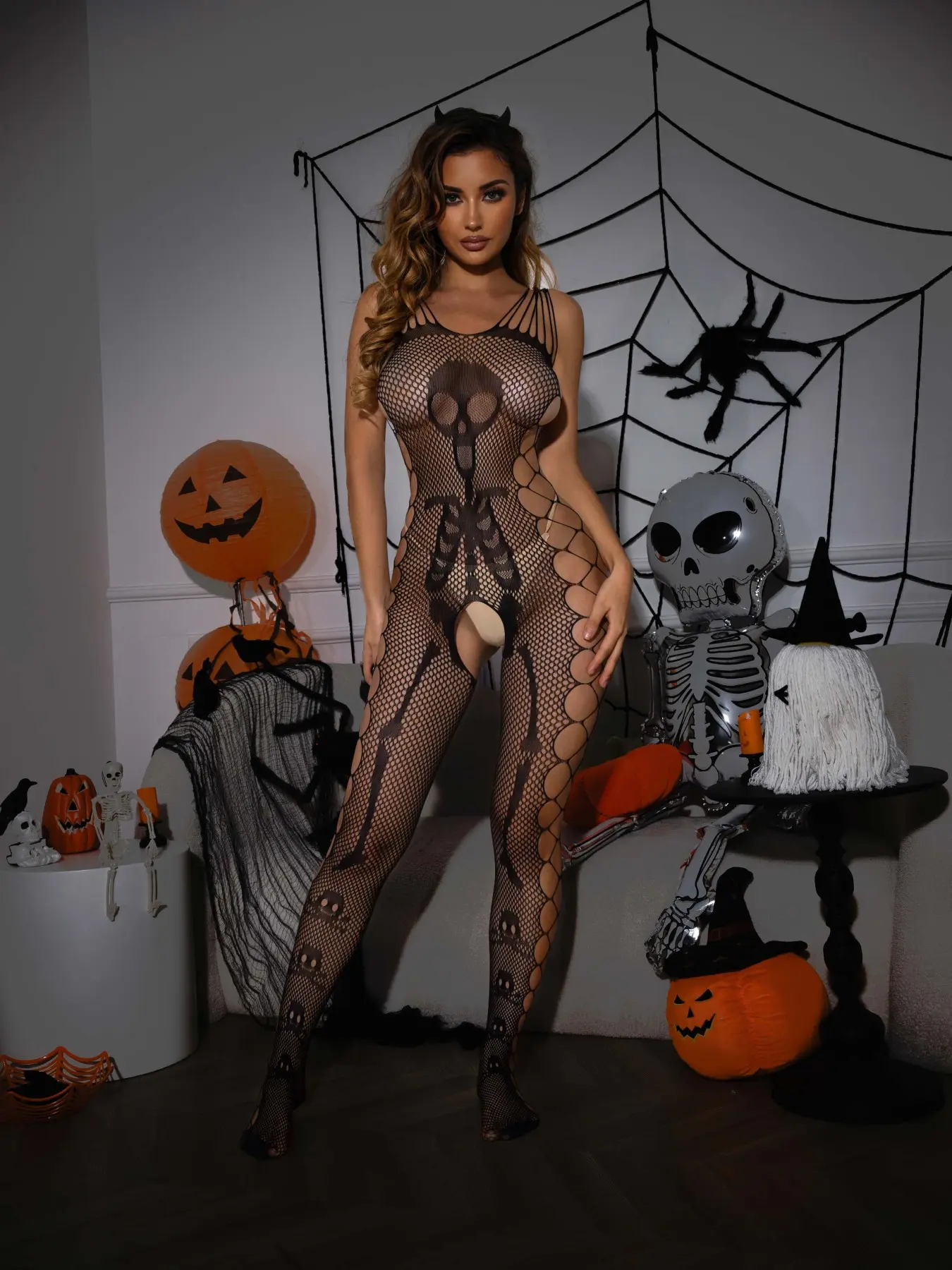 Women Sleeveless Skeleton Skull Print Fishnet Bodystocking, Fishnet Fabric Bodysuit, Side Hollow Cutout Crotch Sheer Mesh Halloween Lingerie, Full Body Stocking for Halloween Cosplay Rave Party Club Night Boudoir Shoot Date Night Gift