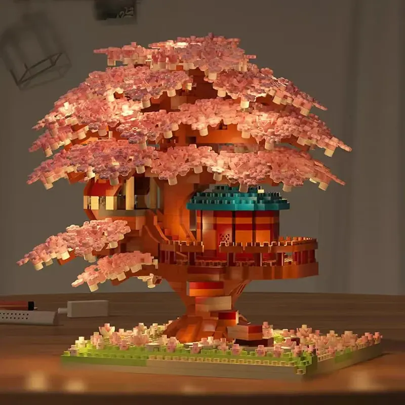 DIY Sakura Tree Building Blocks Set Diy Cherry Blossom Bricks with Light Treehouse Model Ornament Romantic Gift for Girl Friend