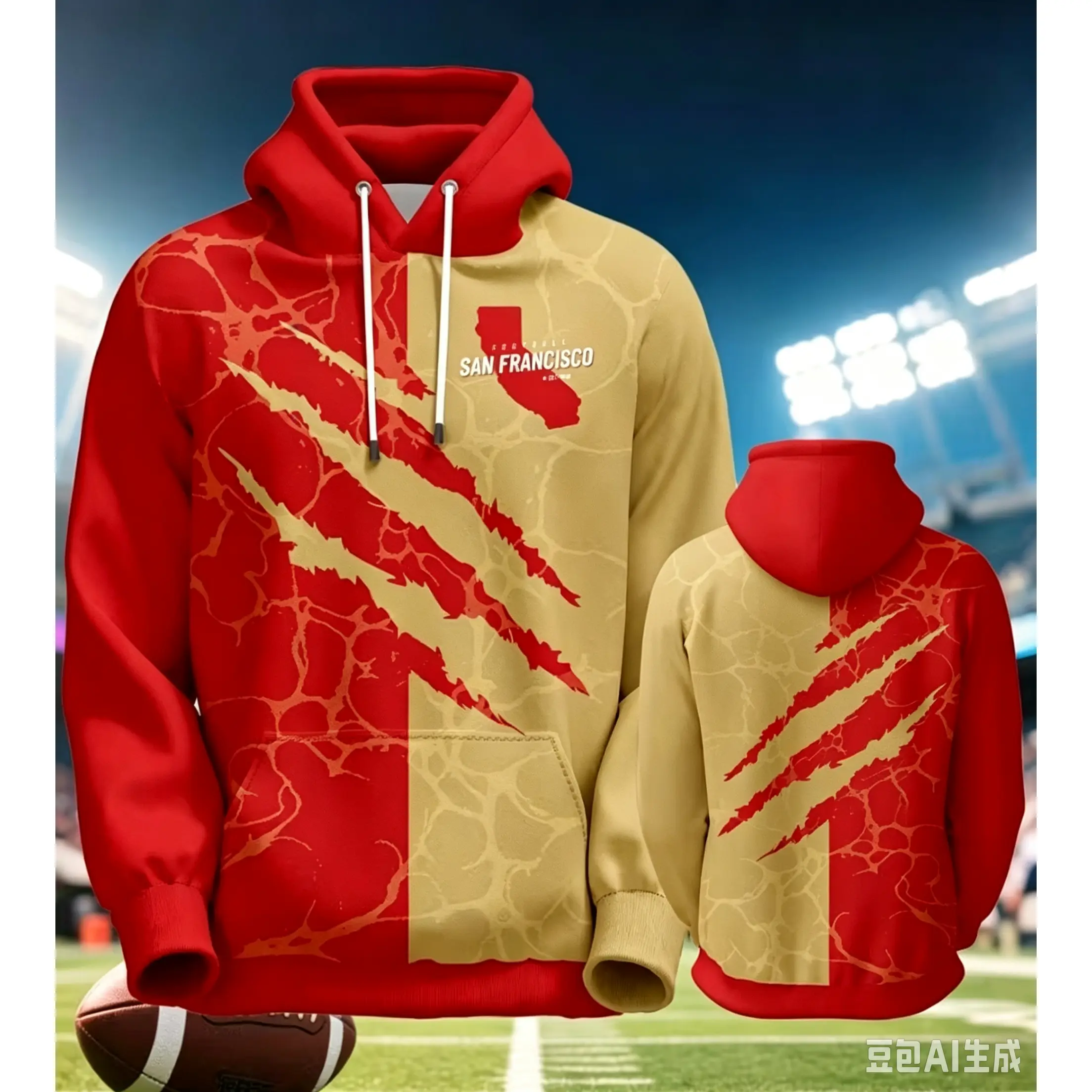 Men's Polyester Football Hoodie - Blue Gray, Claw Mark Print, Kangaroo Pocket, Elastic Hem, Unisex Casual Menswear Garment, Fall-Winter Sport Top, Ideal Team Fan Gift