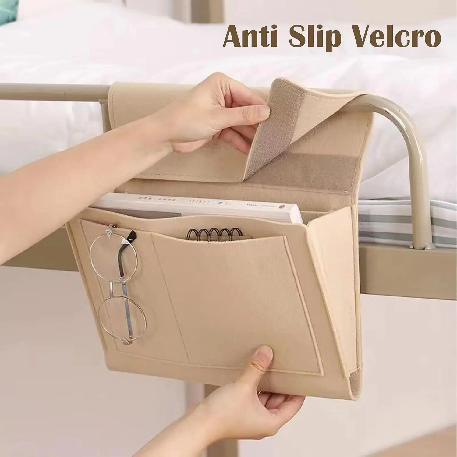 Bedside Caddy, 5 Pockets Felt Bedside Storage Organizer, Hanging Storage Organizer for Home Bedroom Living Room College Dorm Bed Water Bottles, Magazines, Phone, Glasses (Beige)