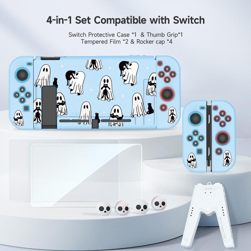 Ghost Pattern Game Console Accessories Set, Game Console Protective Cover with Tempered Film & V-shaped Grip & Rocker Cap, Console Accessories for Switch OLED/NS