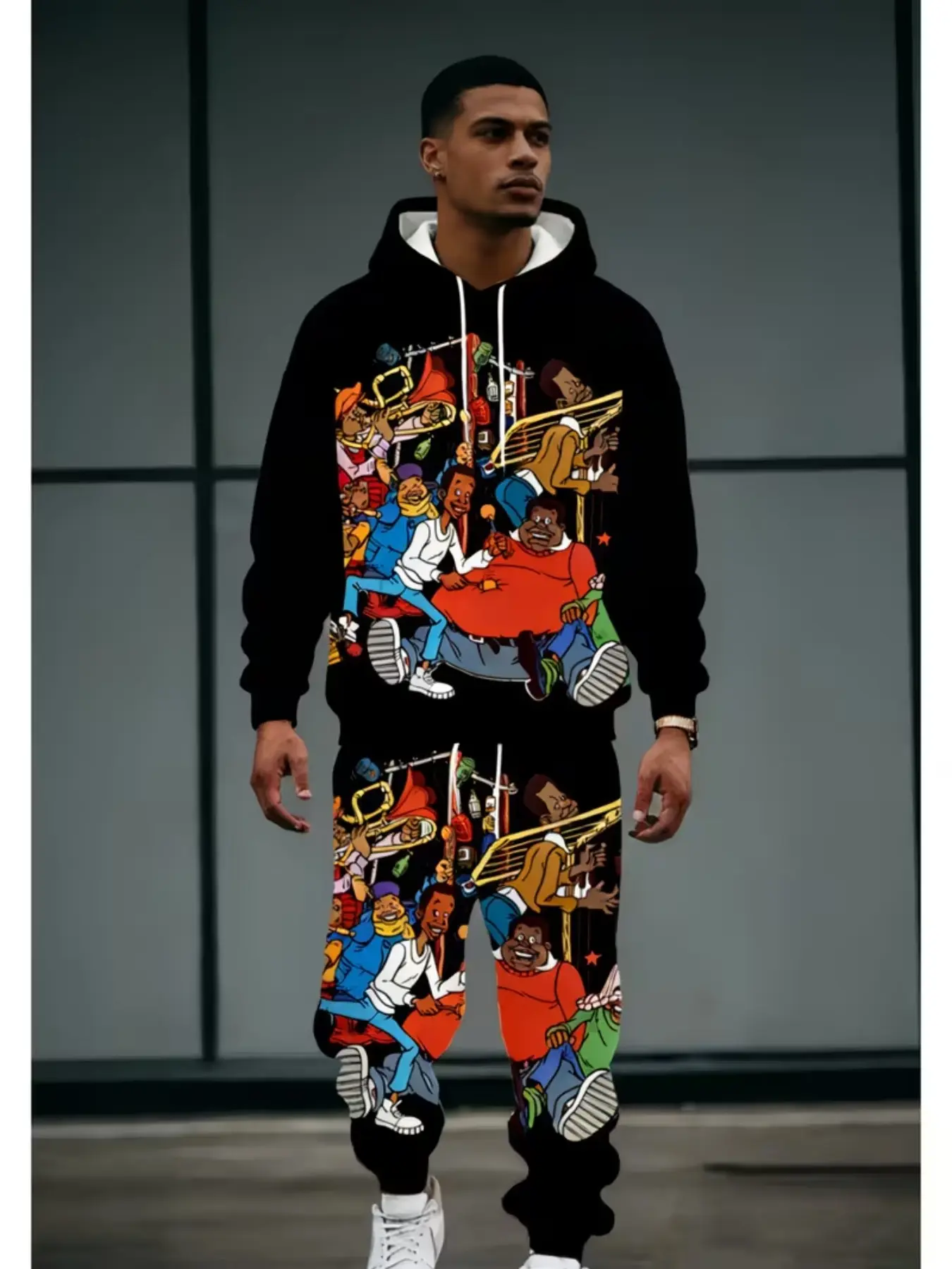 Men's Hoodie and Pants Set, Plus Size, Vintage Hip-Hop Print, Spring Summer, Streetwear, Hiking, Family Party, Gift, Comfortable Soft