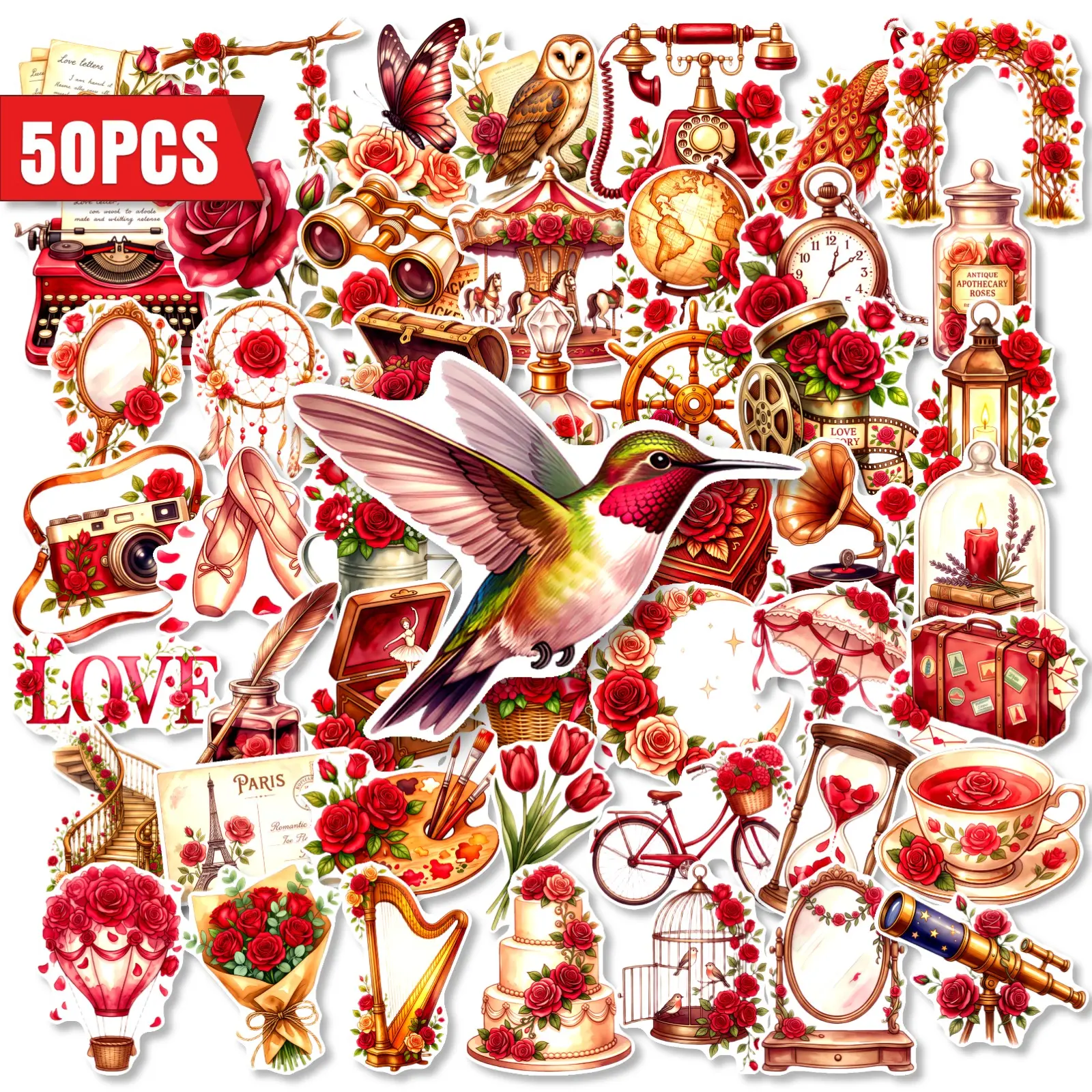 50 Pieces Vintage Rose Gardening Series Stickers, Stationery Supplies Suitable for Scrapbooks, Journals, Laptops, Water Bottles, Cars and More, Creative Birthday Gifts