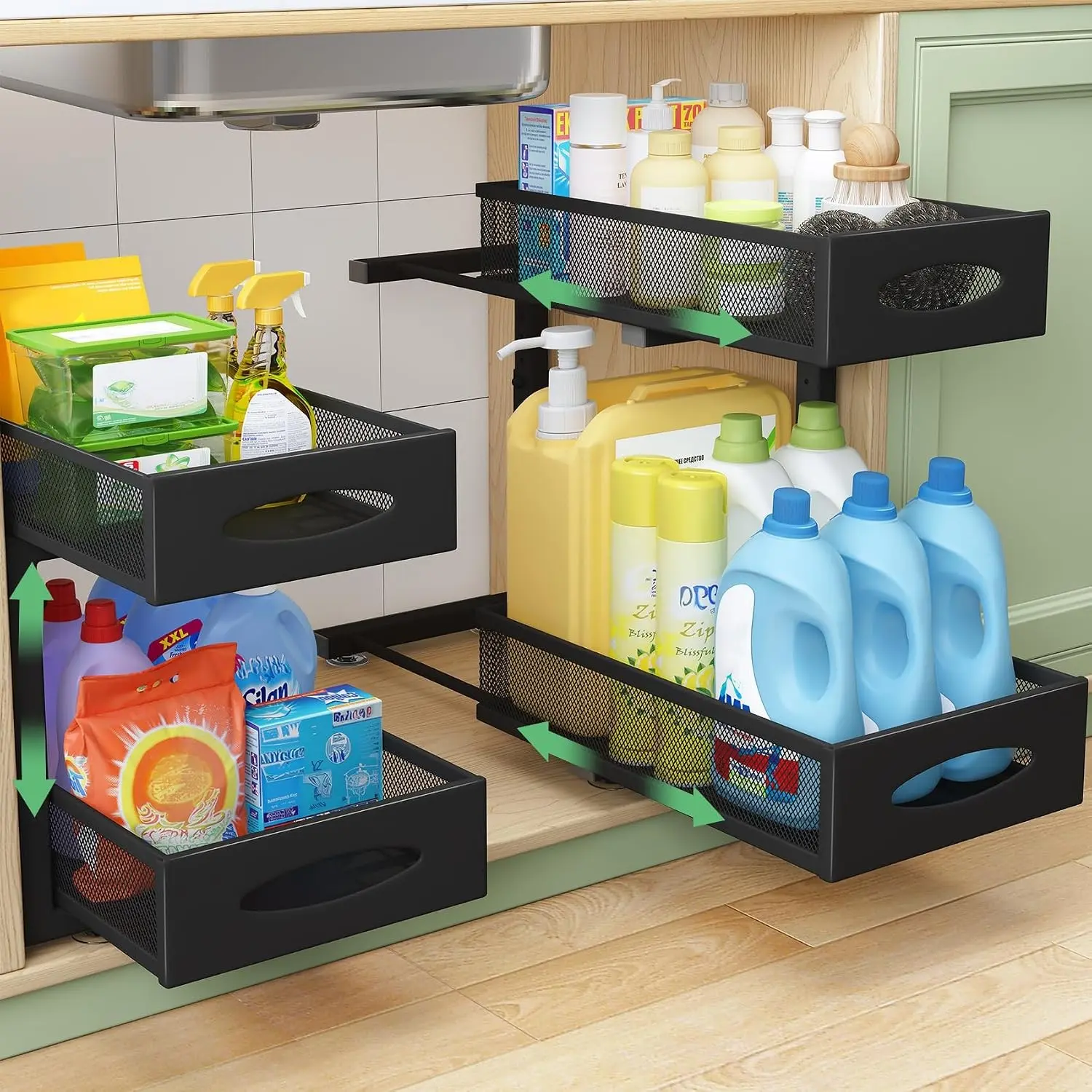 2 Tier Under Sink Organizer Pull Out Cabinet Organizer Baskets with Mesh Sliding Drawers, Slide Out Storage Shelf for Home Kitchen Bathroom Pantry Office Cabinet Countertop (1 Pack)
