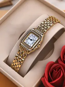 Vintage Roman Numeral Square Watch, Women's Steel Strap, Waterproof Quartz Analog Watch, Casual Style, All Seasons