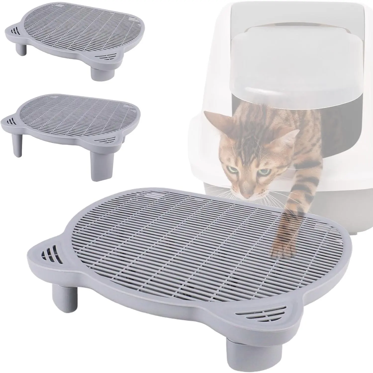 Plastic Cat Litter Box Step, 20.1"x16"x6" Dual-Layer Litter Trapping Ramp, 2 Stool Heights, Floor Protection from Urine Messes (Grey) for Senior Cats, Short Height