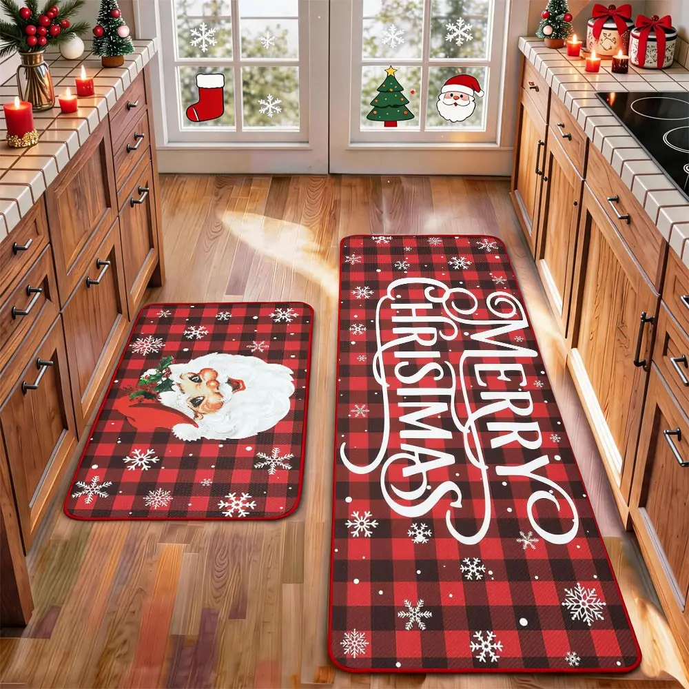 2 Pcs Christmas Kitchen Rug Mat Gnomes Gingerbread Tree Santa Clause Snowflake Red Black Floor Mat Set Farmhouse Kitchen Rug Non Slip Restaurant Floor Dining Room Laundry Room Decor Carpet Mat Winter Decor Home Decor Rug Kitchen Rugs Sets
