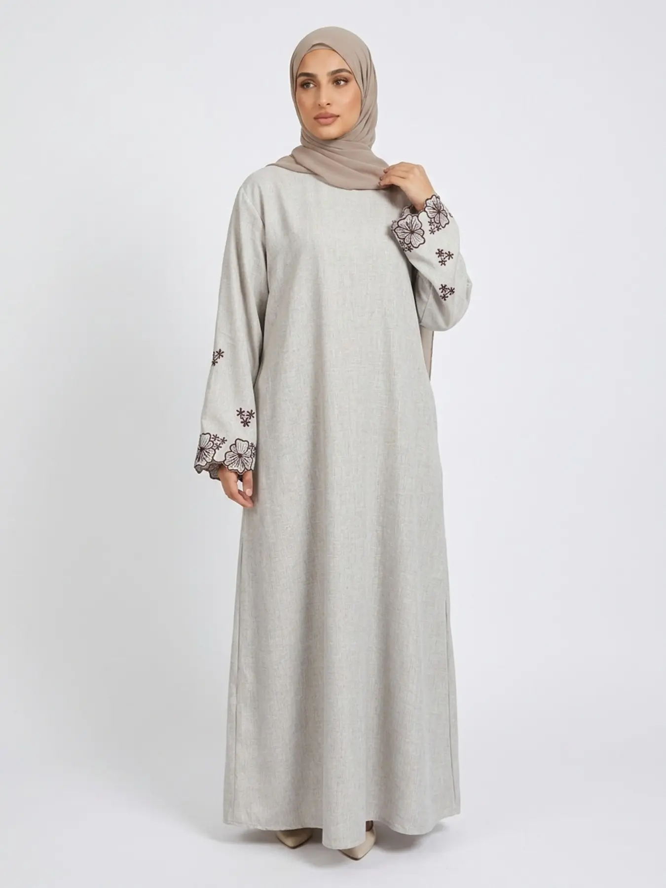 Elegant Embroidered Abaya Maxi Dress, Linen-Like Fabric, Pockets & Belt Included, Perfect for Special Occasions, Women's Fashion, Muslim Clothing, Islamic Modesty Clothes
