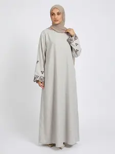 Elegant Embroidered Abaya Maxi Dress, Linen-Like Fabric, Pockets & Belt Included, Perfect for Special Occasions, Women's Fashion, Muslim Clothing