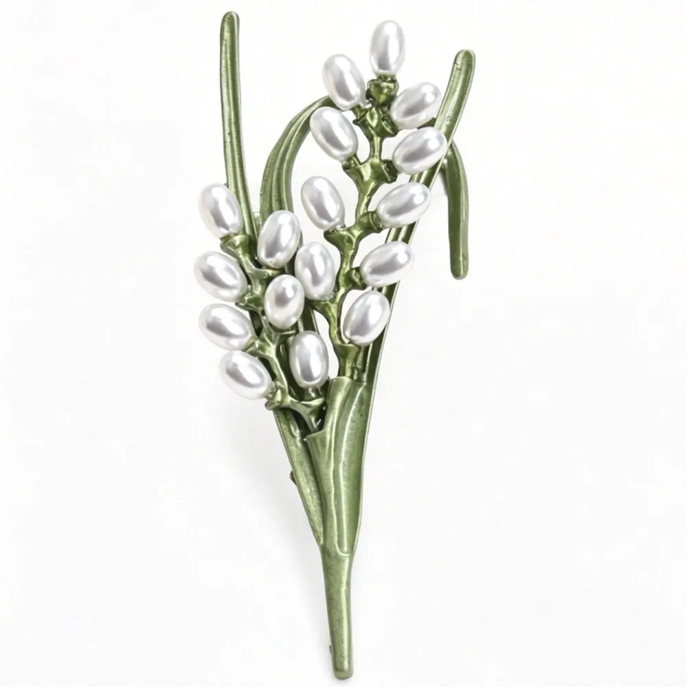 Exquisite Lily of The Valley Brooch Pearls Green Enamel Jewelry for Women