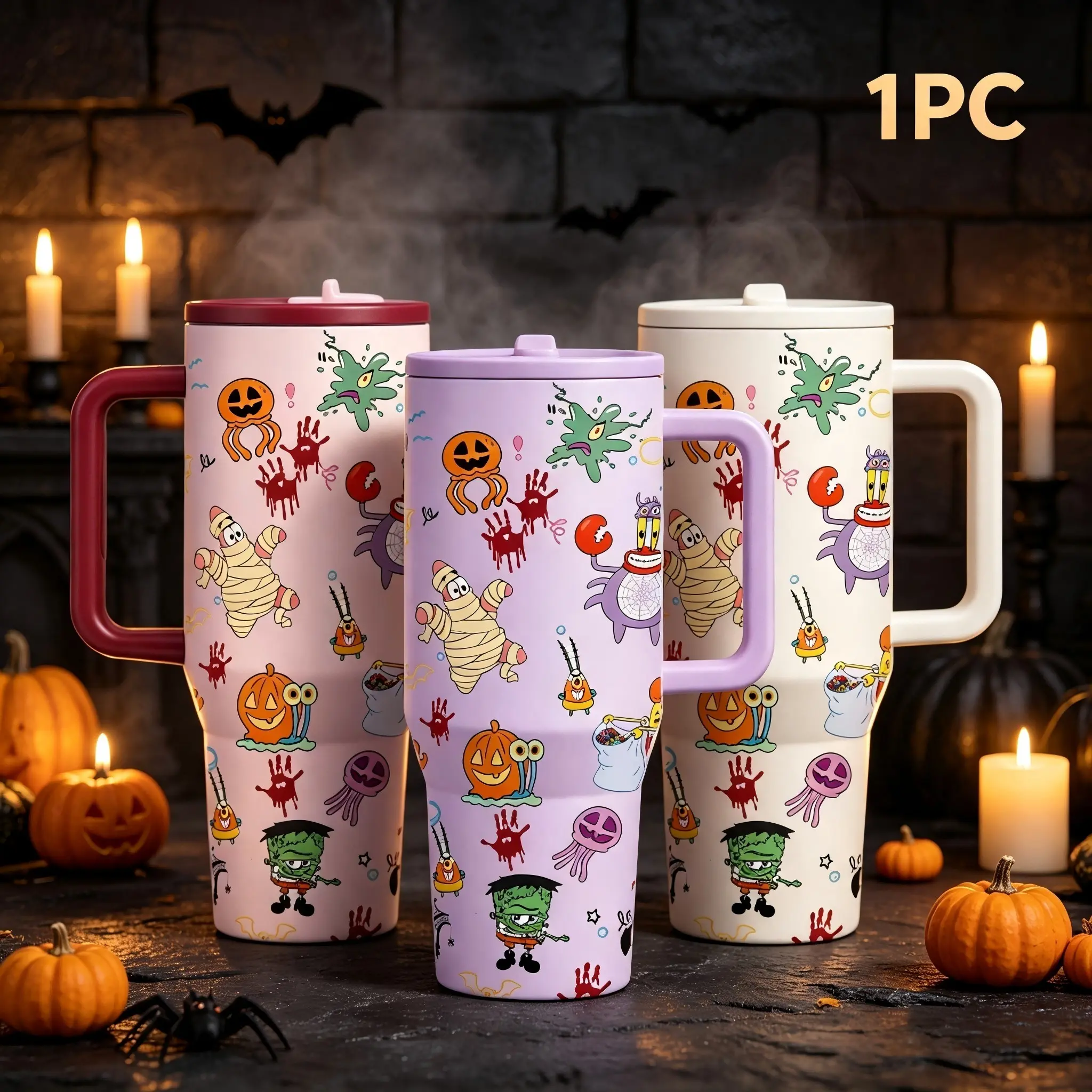 1PC 40oz Cute sponge Halloween Tumbler with Handle, Spooky Cartoon Print Insulated Stainless Steel Cup, Large Capacity Travel Coffee Mug, Double Wall Vacuum Bottle, Cold Drinks 24H, Hot Drinks 12H, No Sweat, Car Cup Holder Compatible, Trendy Fall Drinkwar