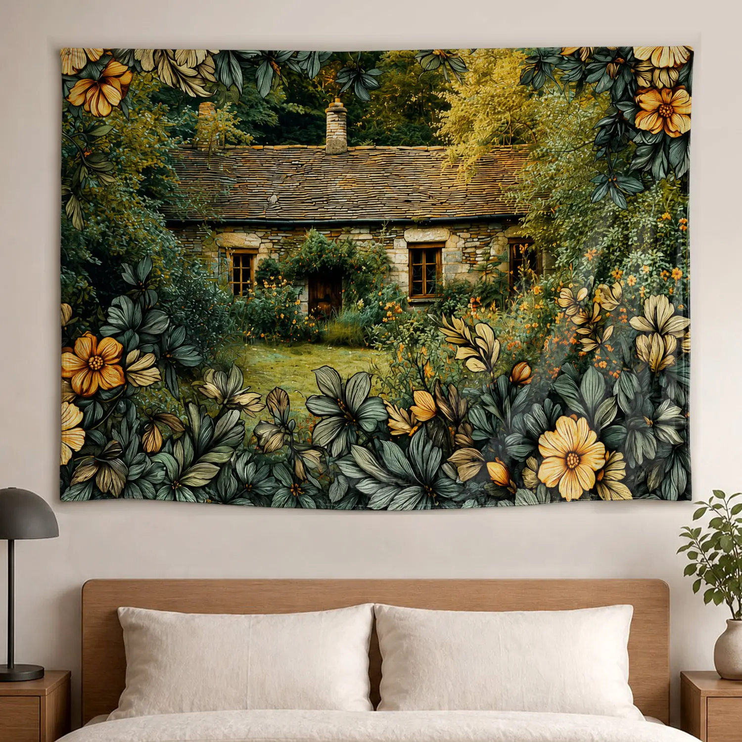Large-Size Printed Horizontal Cottage Garden Floral Landscape Polyester Tapestry - Colorfast Home Decor Artwork, No-Installation Room Decor Wall Hanging, Gift Idea for Family