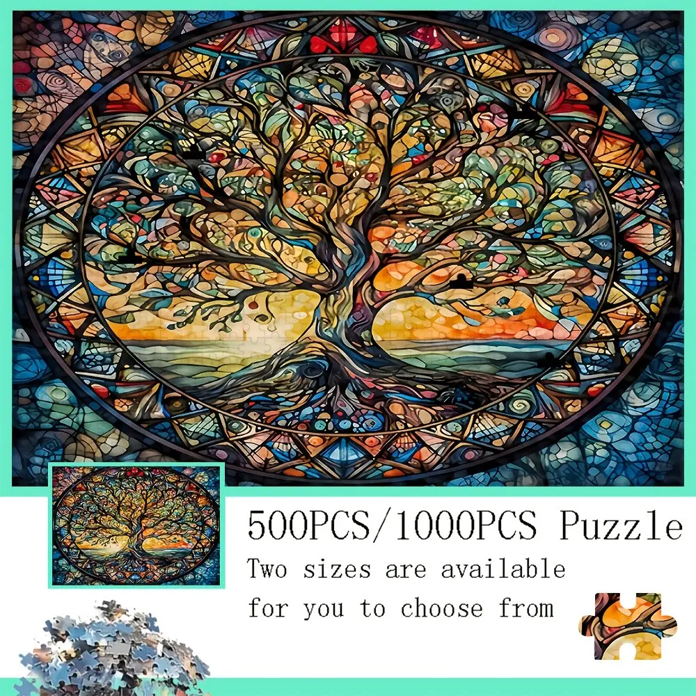 Jigsaw Puzzles for Adults 500 1000 Pieces, Stained Glass Tree of Life Puzzle, Interlocking Puzzle, Impossible Difficult Hard Fun Jigsaw Puzzles, Recycled Paper, Interlock Perfectly No Dust, Challenging Family Game, Great Gift for Puzzle Lovers