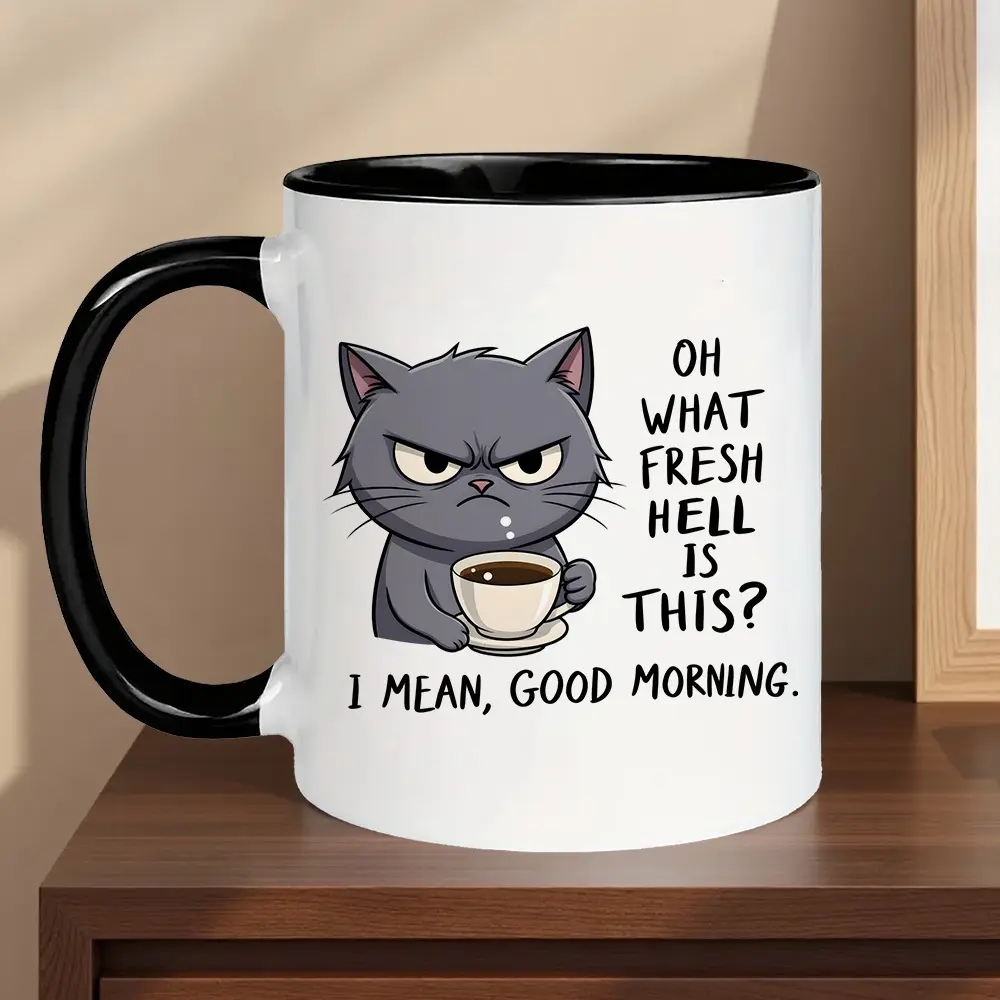 [Funny Coffee Gifts]1pcs Cat Morning Coffee Mug 11oz Ceramic Cup - Funny Fresh Hell Good Morning Design| Dishwasher Safe|Perfect for Hot/Cold Drinks|Great Gift for Family, Friends, Coworkers, Coffee Lovers for Birthday, Christmas,