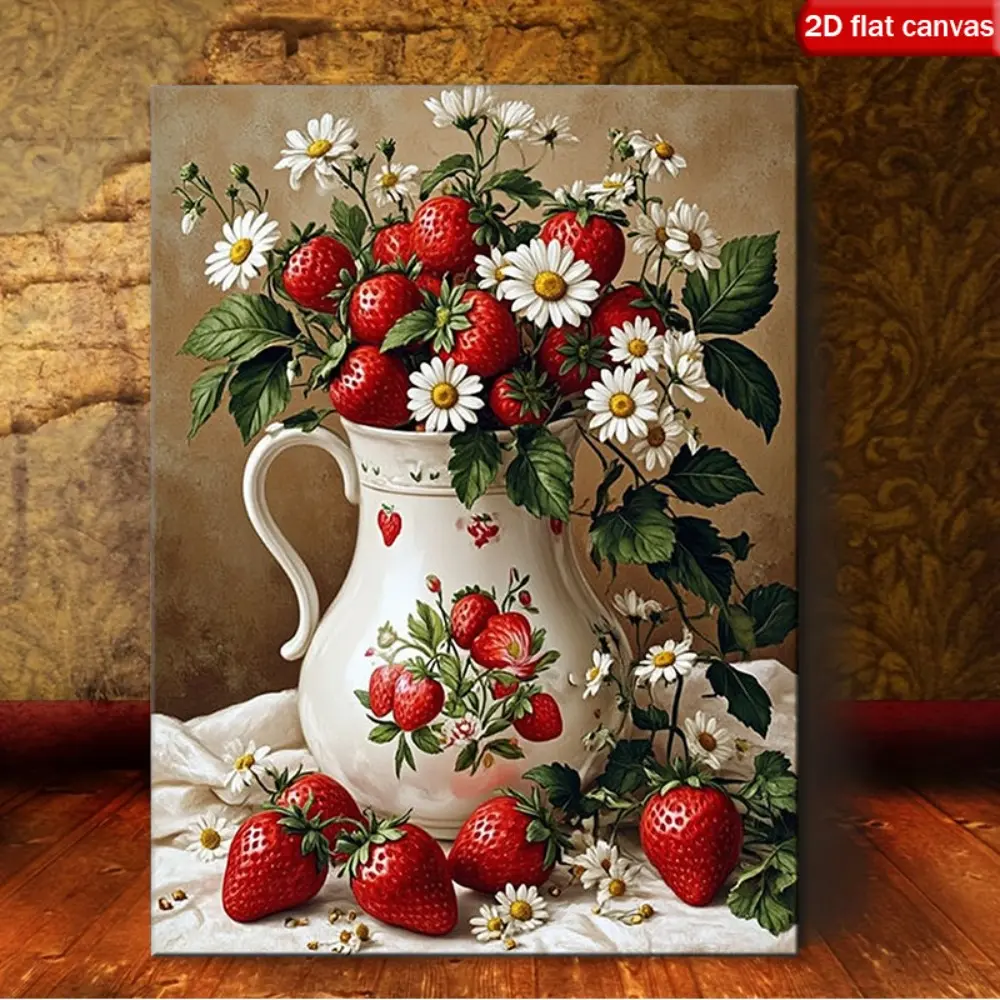1-Piece Artistic Strawberry Framed 2D Canvas Wall Art - Modern Farmhouse Style with Heart, Daisy & Water Jar Decor, Vertical Summer Fruit Painting, Easy-Hang Wrap-Around Frame, Spring Pastoral Aesthetic, Home Decor Gift for Living Room, Father's Day, Than