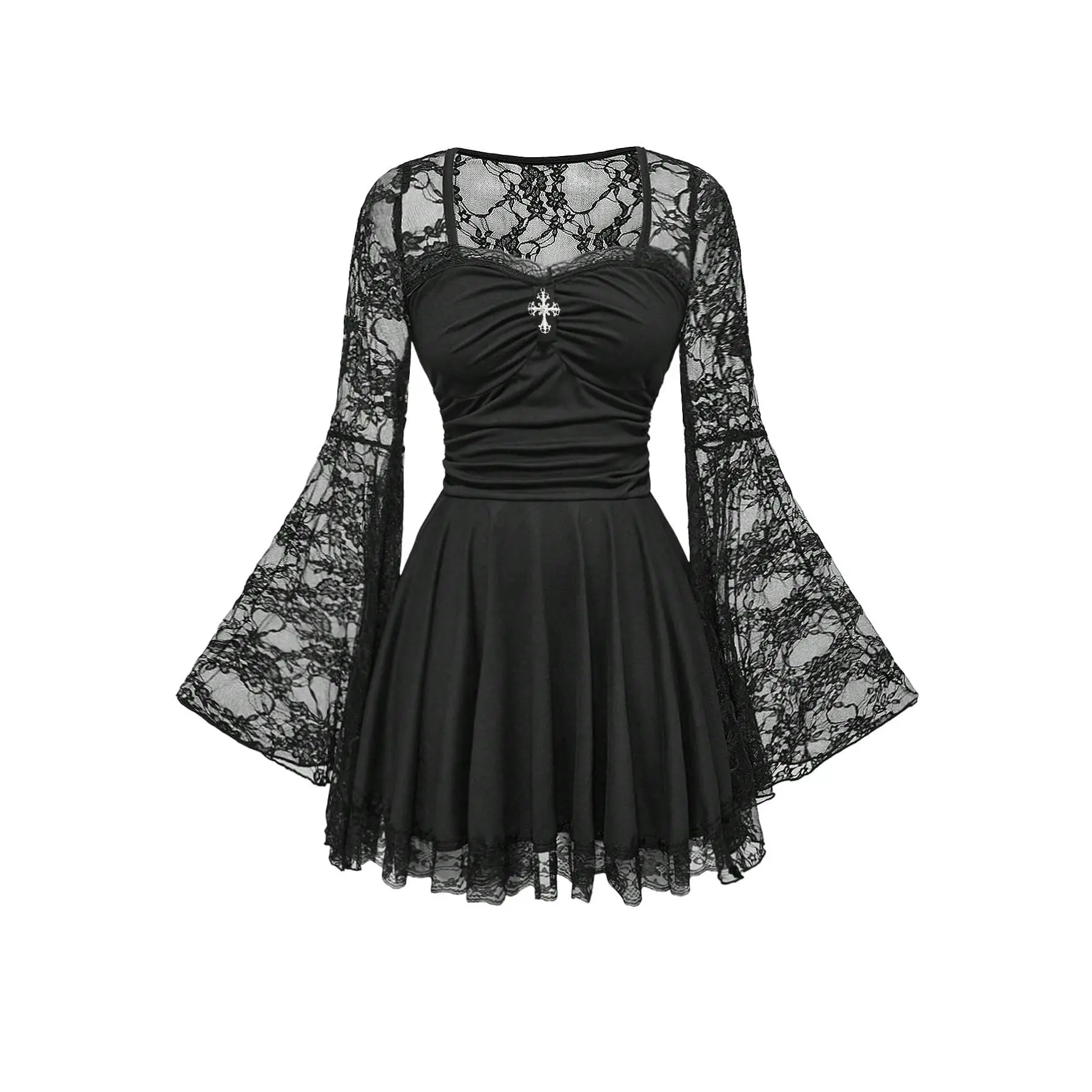 Women's Vintage Soft Slim Fit Gothic Cross Detail Flare Sleeve Casual Dress - A-Line, Grunge Punk Renaissance Lace Bell Long Sleeves, Ruched Flared Design