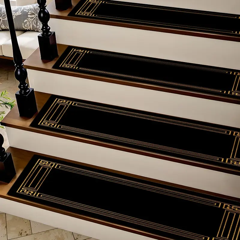 6/8/15pcs Luxury Black Gold Geometric Border Diatom Mud Stair Treads, Super Absorbent Non Slip Carpet Mats for Wood Steps, Quick Drying Moisture Wicking Stair Runners, Anti Slip Washable Rugs for Dogs Kids Elderly, Home Decor Rugs, Geometric Pattern Rug