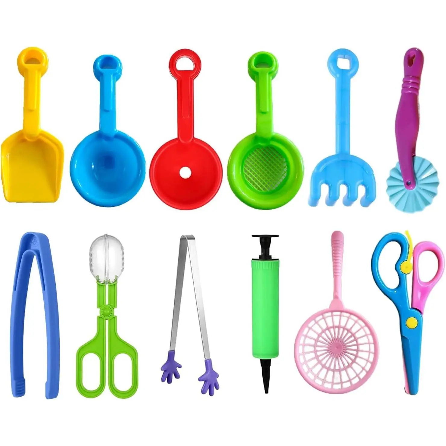 12 Pcs Sensory Bin Filler Tools Set - Fine Motor Skills Handy Scooper with 5 Scoops, Plastic Tweezers, Silicone Tongs, Beach Shovels, Air Pump, Scissors Clip