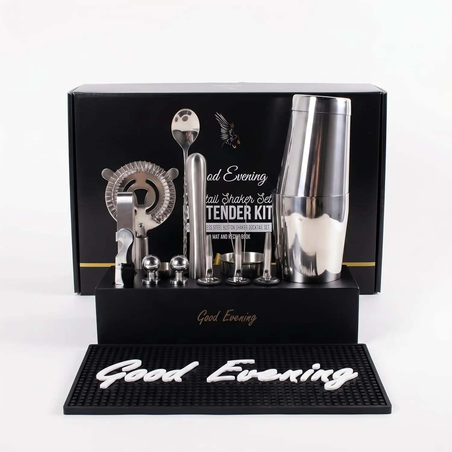 18- Bartender Kit - Mixology  Shaker Set with Modern  Stand, Weighted  Shaker, Bar Mat & Recipe Book | 304 Stainless Steel  Bar Accessories