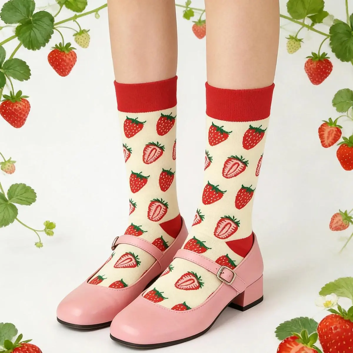 1 pair "Strawberry Daily" Sweet Girl Mid-Calf Socks - Vitality Strawberry Full-Print Cute Cotton Socks
