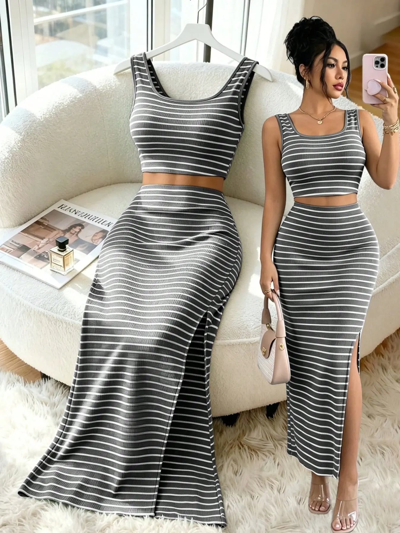 Two-Piece Dress Set for Women, Romantic Beach Vacation Style, Striped, Perfect for Summer Holidays, Elegant and Comfortable