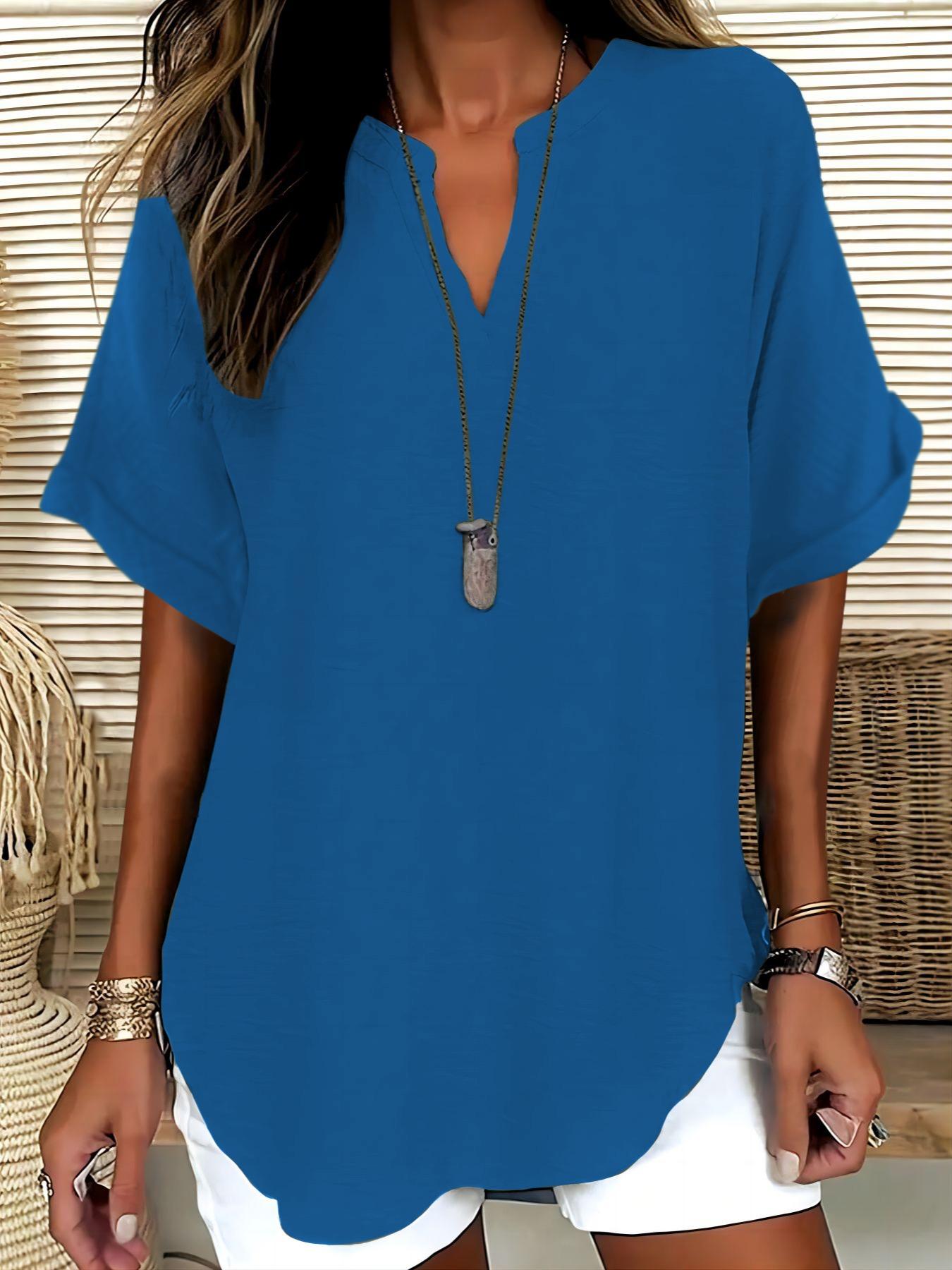 Elegant Minimalist Polyester V Neck Loose Fit Short Sleeve Blouse Shirt for Women, 100% Polyester, Regular Length, 145g/m², Casual Everyday Weekend Top Womenswear