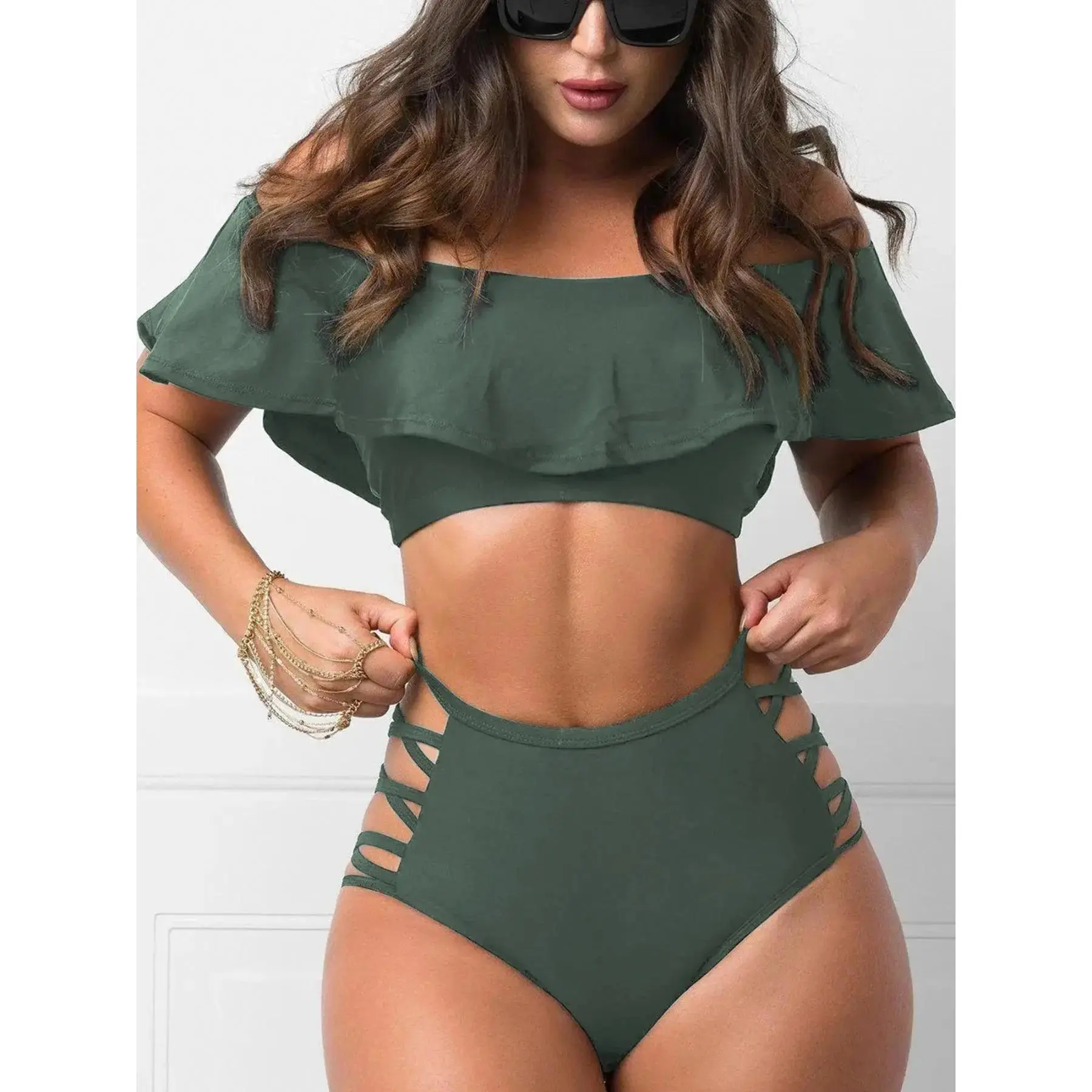 Women's Solid Color Off-Shoulder Bikini Sets, High Waisted Swimsuit, Chic Bikinis Set Including Short-Sleeve Swim Top and Criss-Cross Cutout Bottoms, Ladies Summer Swimwear for Beach Holiday Vacation